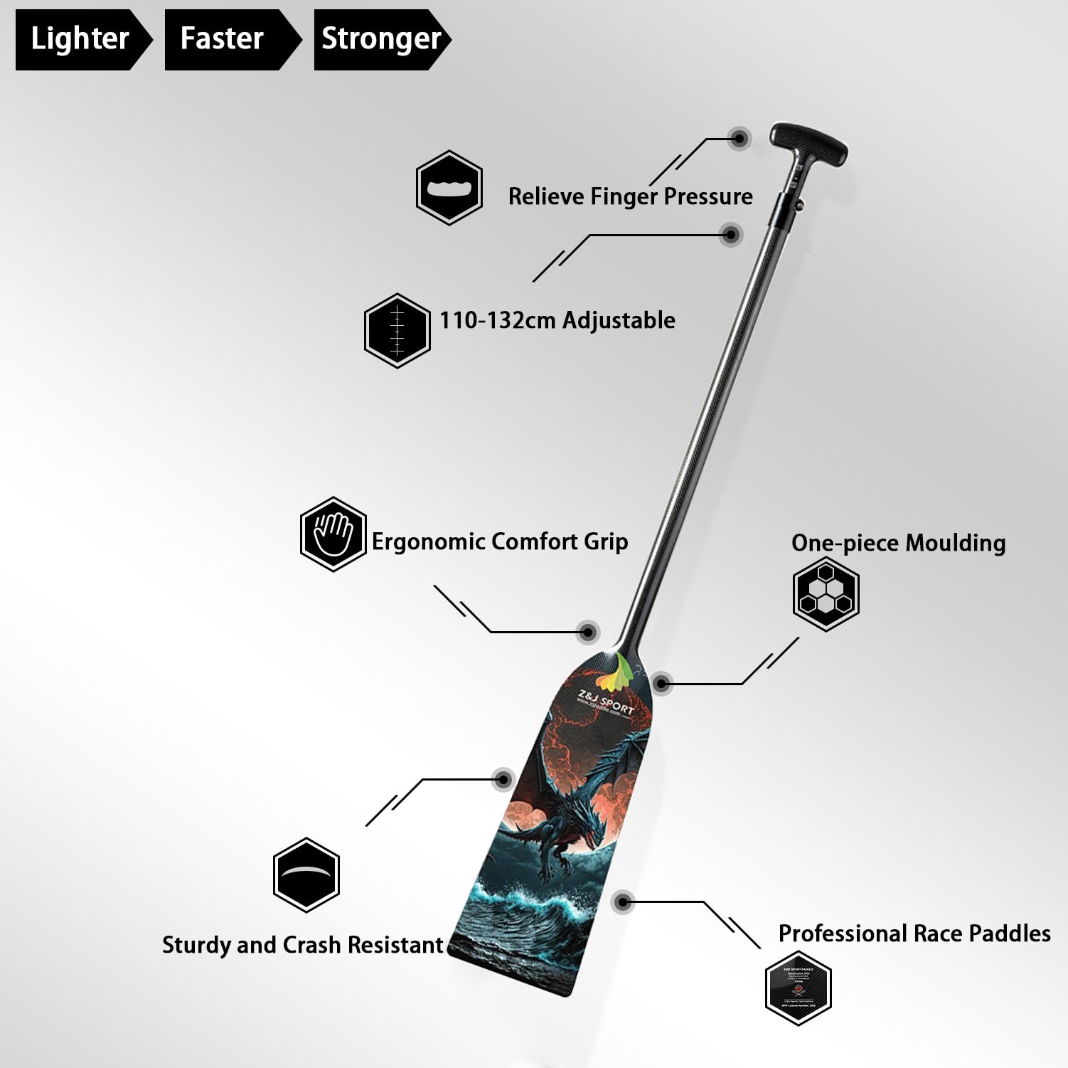 Z&J SPORT Adjustable Carbon Fiber Dragon Boat Paddle - IDBF Approved Competition Paddle with Dragon Graphic & Adjustable T-Handle for Racing | Perfect for Dragon Boat Festivals, Team Training & Water Sports