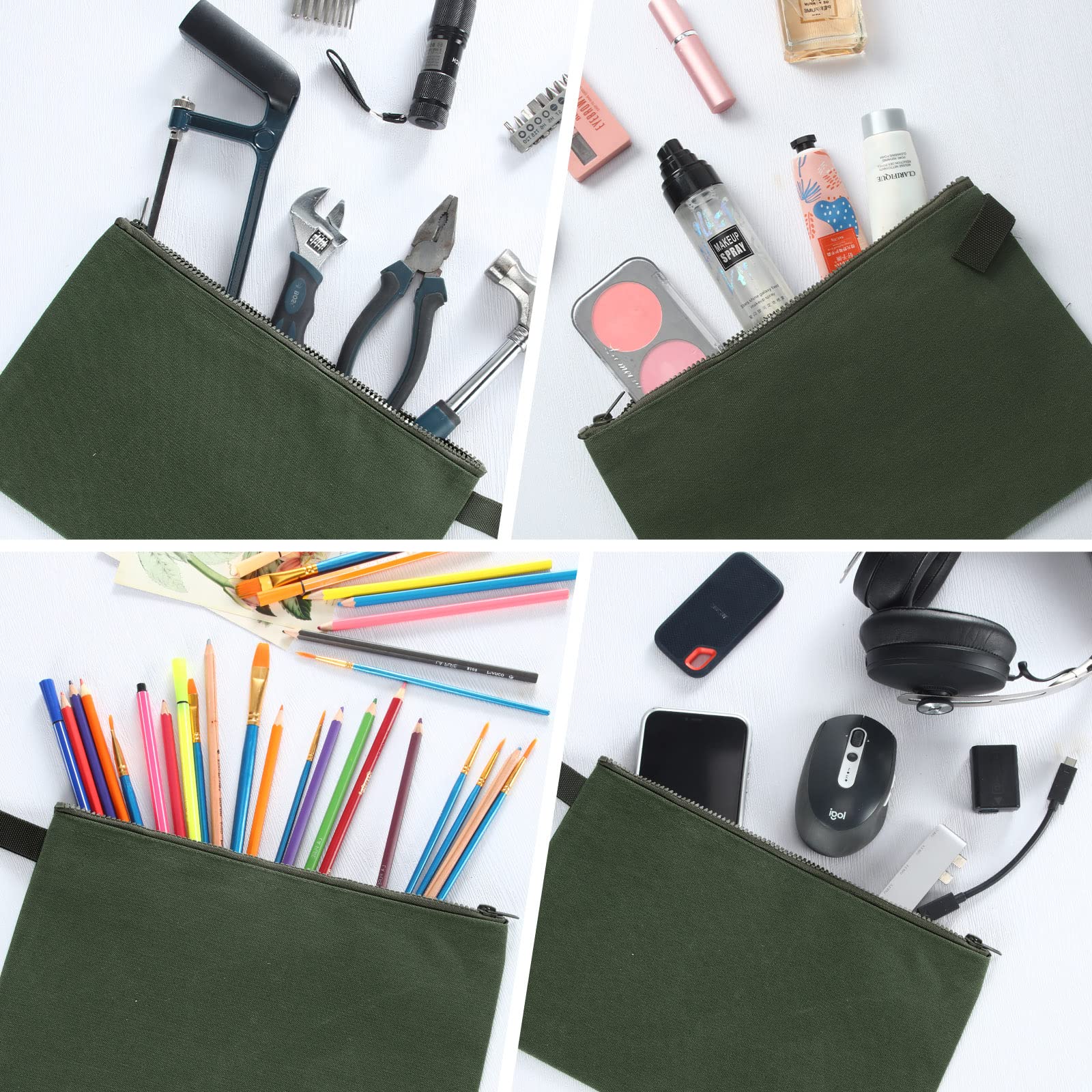 12-Piece Heavy Duty Canvas Tool Organizer Bags - 16oz Zippered Utility Pouches (11.8