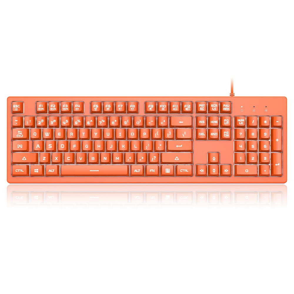 NACODEX DKS100 Wired Membrane Keyboard - 104 Keys with Mechanical Feel, White Backlight, 19-Key Anti-Ghosting, Floating Design (Orange) - Perfect for Gaming, Office Work & Typing