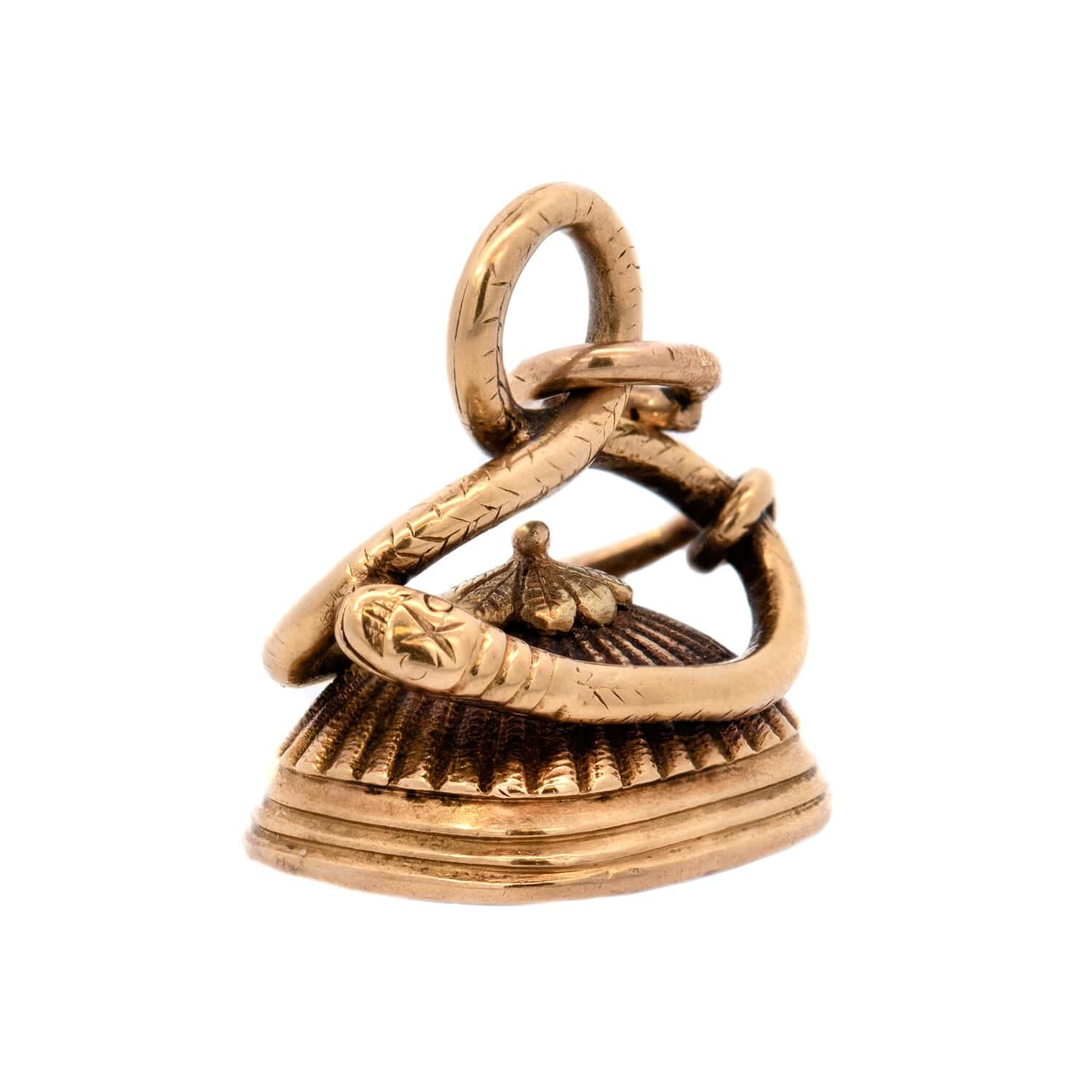 Victorian Style 14k Gold Agate Snake Motif Fob Pendant - Vintage Jewelry for Necklace, Bracelet & Gift Giving