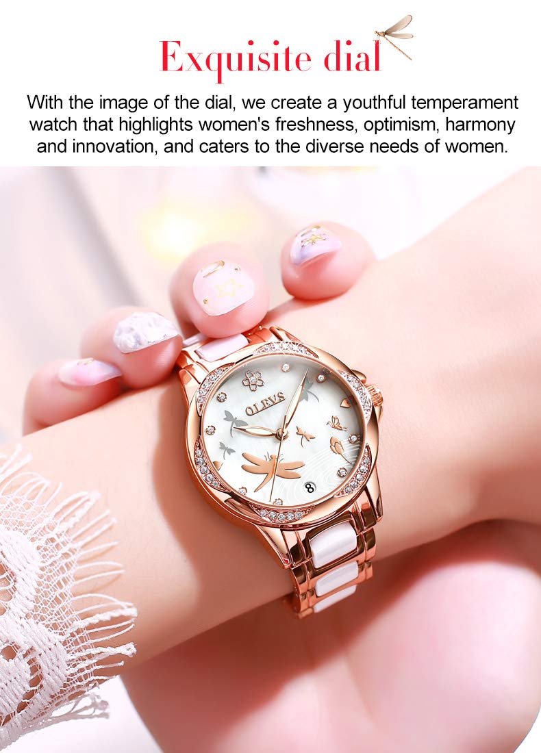 OLEVS Women's Automatic Diamond Dress Watch - Rose Gold Ceramic Bracelet, Stainless Steel Case with Date Function | Perfect for Formal Events, Office Wear & Special Occasions