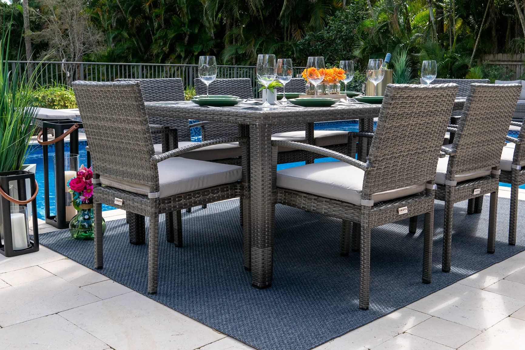 Bari 9-Piece Resin Wicker Outdoor Patio Dining Set - Mixed Gray Rattan Table with 8 Cushioned Chairs | Durable All-Weather Furniture for Backyard, Garden & Poolside Entertaining