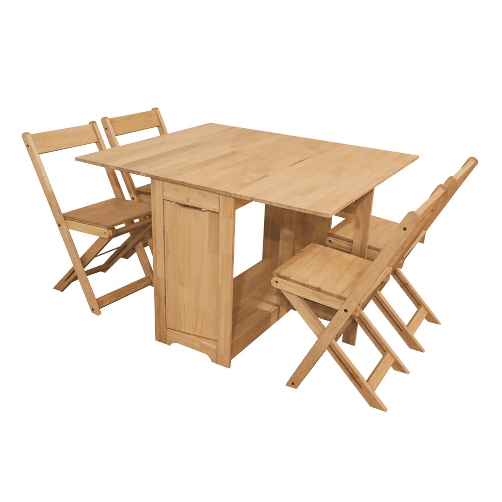 Space-Saving Butterfly Folding Dining Table Set with 4 Chairs - Waxed Pine Wood Compact Kitchen Furniture for Small Apartments, Balconies & Outdoor Patios