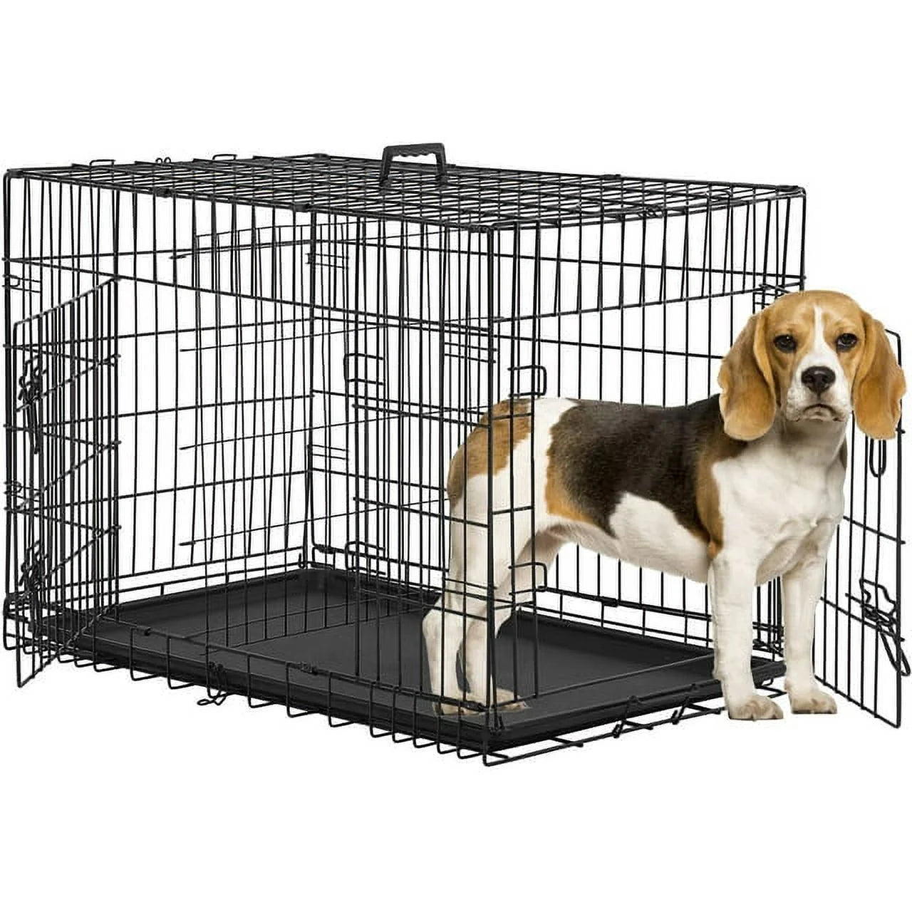 36 Inch Large Animal Pet Cage with Removable Plastic Tray & Carrying Handle - Durable Metal Dog/Cat Cage for Home, Travel & Vet Visits