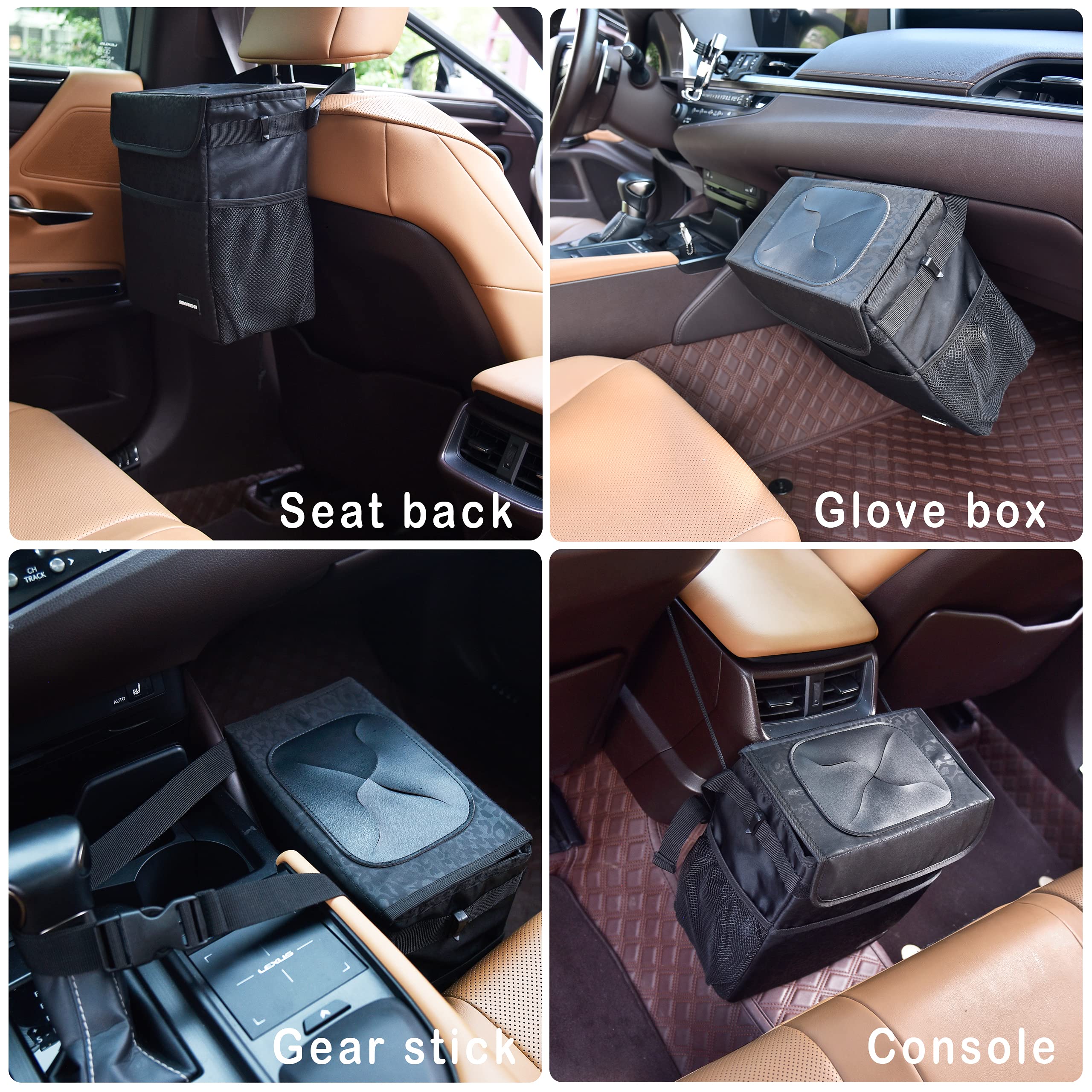 Black Leopard Car Trash Can with Lid – 2 Gallon Collapsible, Leak-Proof & Waterproof Car Garbage Bin with Storage Pockets & Adjustable Straps – Perfect for Road Trips, Commuting & Keeping Your Vehicle Clean
