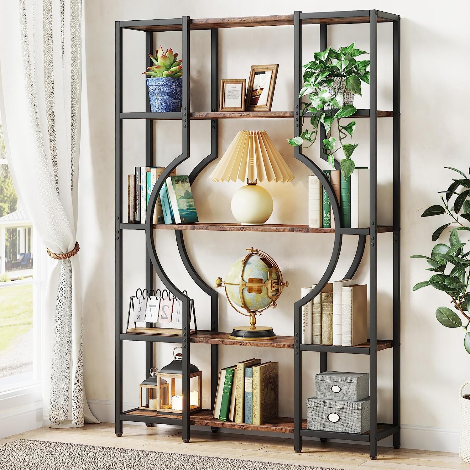 5 Tier Bookshelf - Industrial Style Bookcase with Metal Frame, Sturdy Storage Shelf for Home Office, Living Room & Bedroom Organization - Perfect for Books, Decor & Display