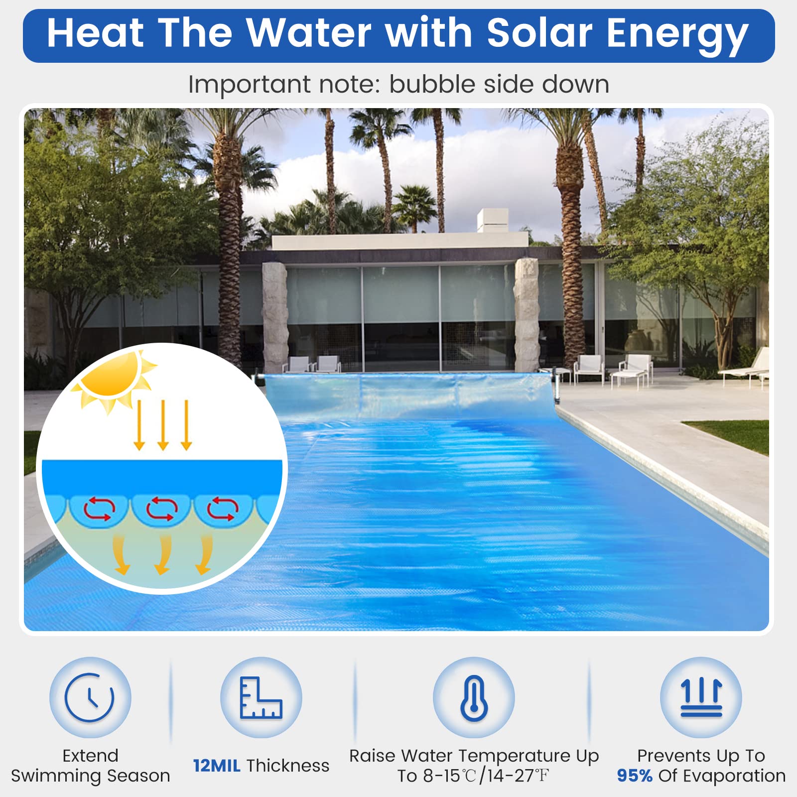 Goplus 20 x 40 FT Solar Pool Cover with Carrying Bag - Blue Bubble Thermal Blanket for In-Ground & Above-Ground Swimming Pools & Hot Tubs | UV Protection, Heat Retention, Energy Saving | Perfect for Backyard, Residential & Commercial Use