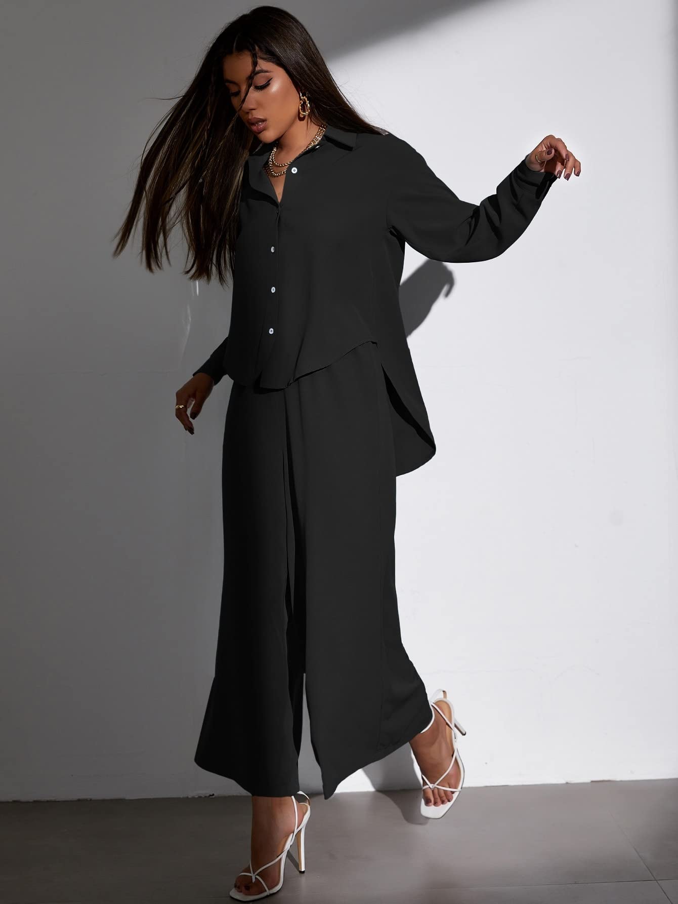 XENIS Women's Casual 2-Piece Outfit Set - High-Low Blouse & Wide Leg Pants | Comfortable Lounge Wear for Home, Office & Weekend Outings