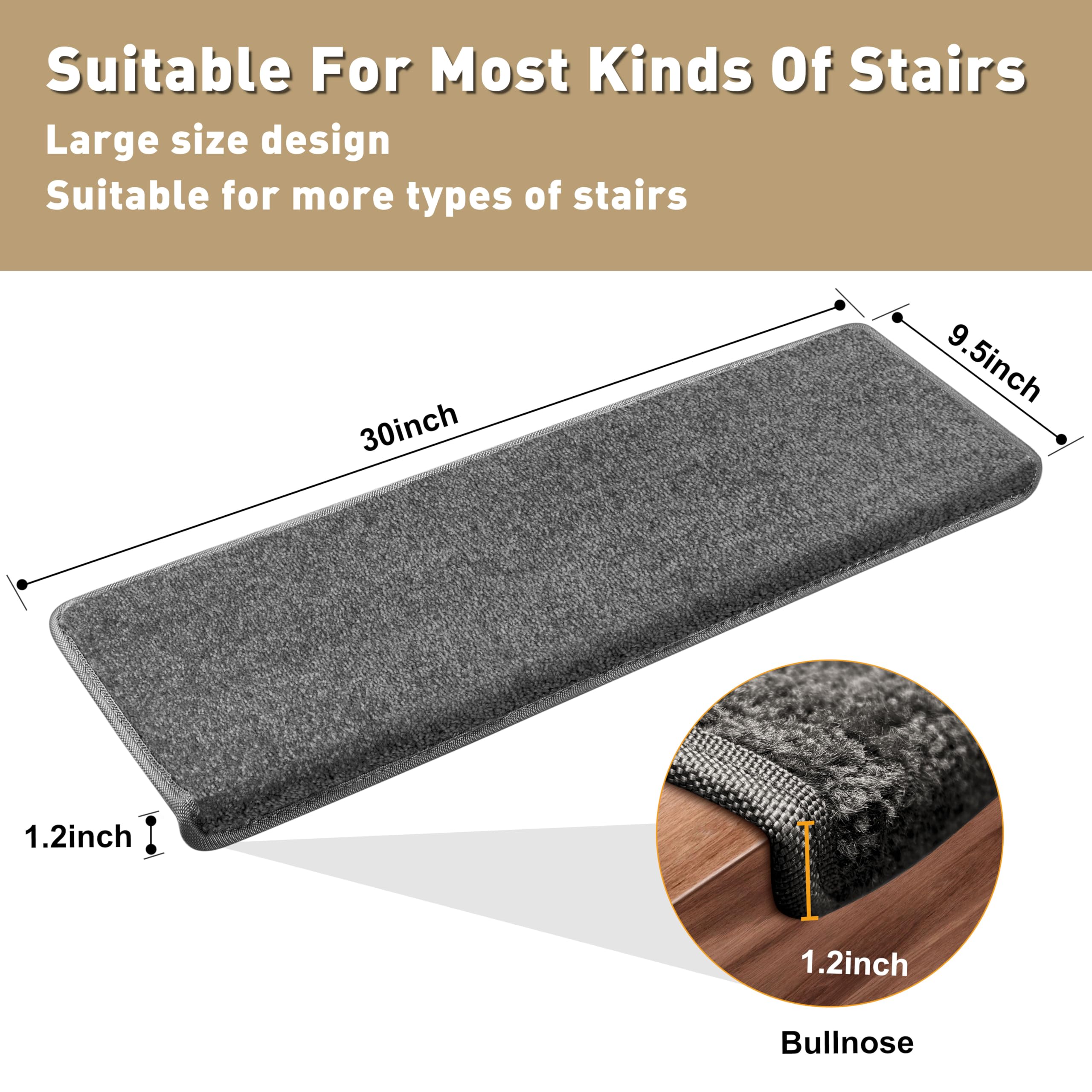 PURE ERA Non-Slip Carpet Stair Treads Set - 14 Pieces Bullnose Tape-Free Indoor Stair Protectors, Pet Friendly Washable Rugs, Soft Skid-Resistant Dark Gray Covers (9.5
