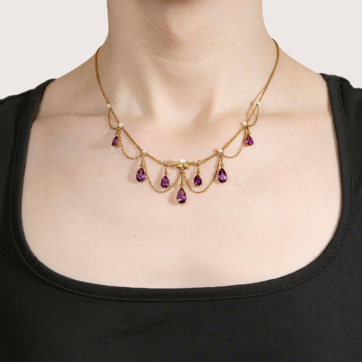 Victorian Style 14K Gold Amethyst and Pearl Festoon Necklace – Elegant Antique Jewelry for Weddings, Parties & Special Occasions