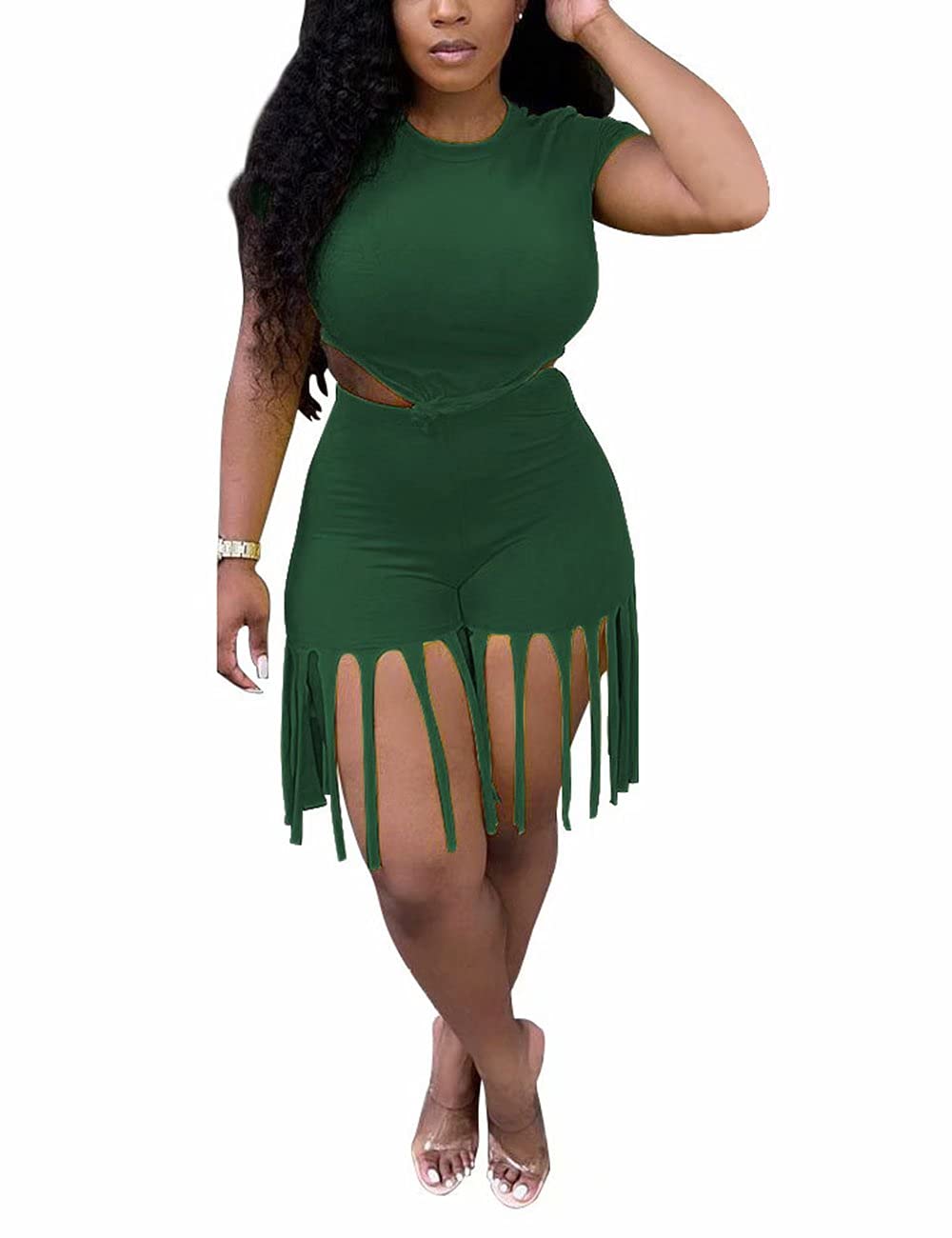 Bluewolfsea Women's Cute Two Piece Outfit - Short Sleeve Shirt Top & Tassel Bodycon Shorts Tracksuit Set | Summer Casual Wear, Beach Outing, Street Fashion