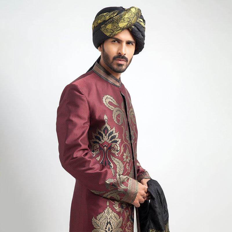 Antique Silver and Burgundy Brocade Sherwani for Men | Traditional Indian Wedding Attire | Elegant Ethnic Groom Wear for Special Occasions