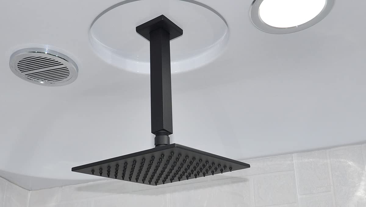 Aquaiaw 8 Inch Matte Black Square Shower Arm and Shower Head Set - Brass Ceiling Mount & 304 Stainless Steel Rainfall Shower Head - Perfect for Modern Bathroom Renovation and Spa-Like Shower Experience