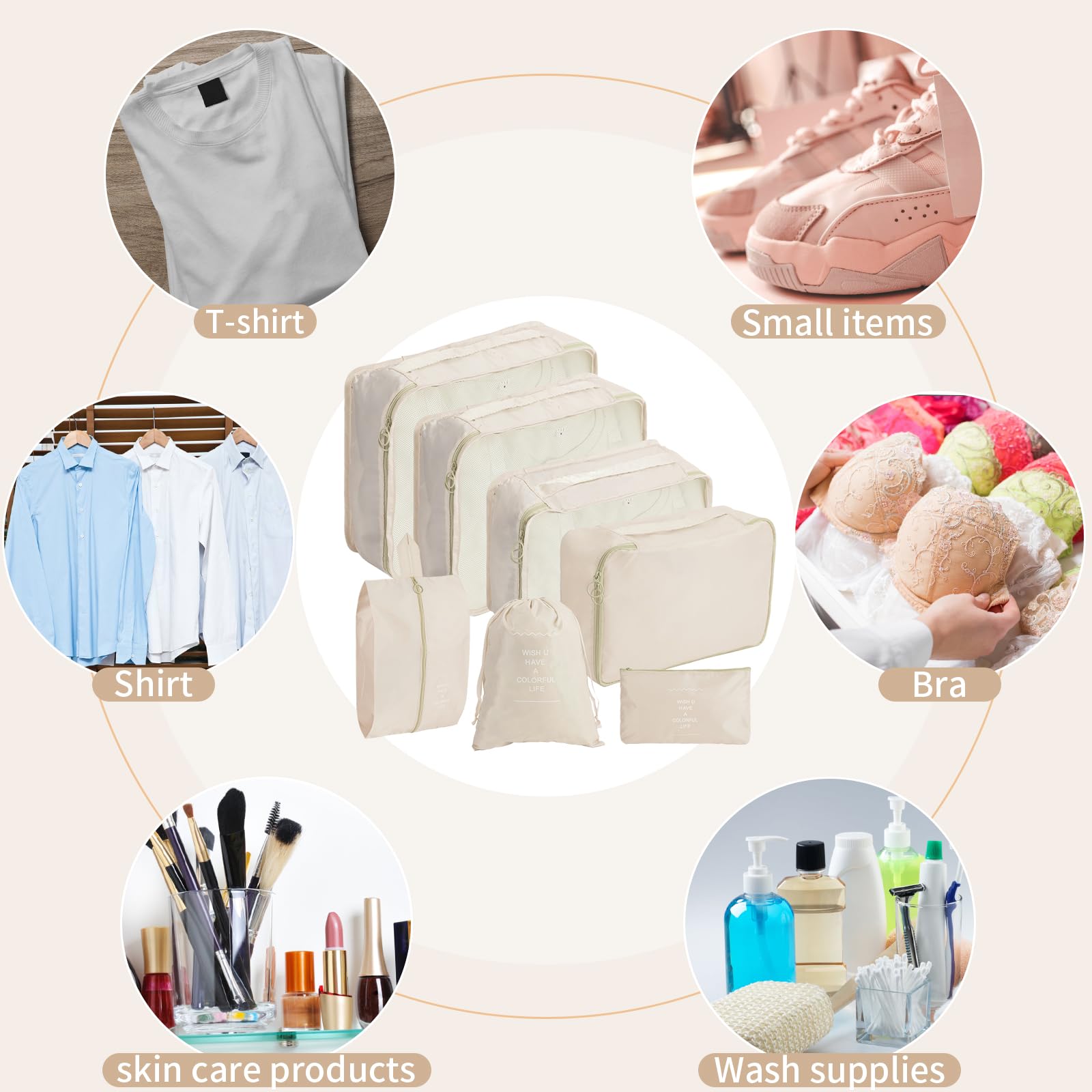 7-Piece Waterproof Packing Cubes Set for Suitcases - Travel Luggage Organizers for Clothes & Shoes Storage (Beige) | Perfect for Business Trips, Vacations & Weekend Getaways
