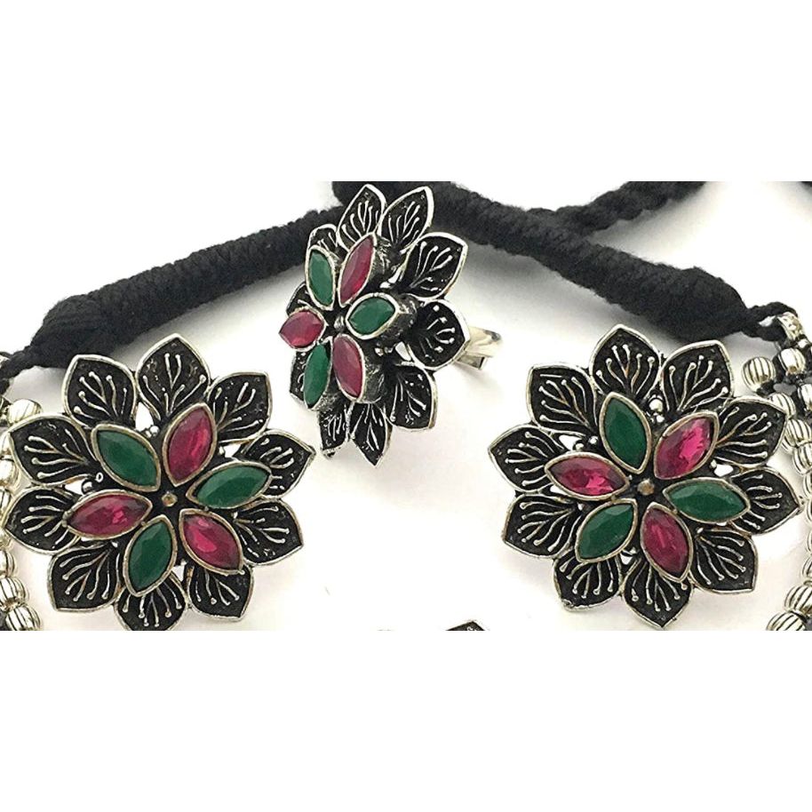 Elegant Oxidized Choker Necklace Set with Matching Ring for Women | Boho Jewelry Gift for Her | Perfect for Weddings, Parties & Date Nights