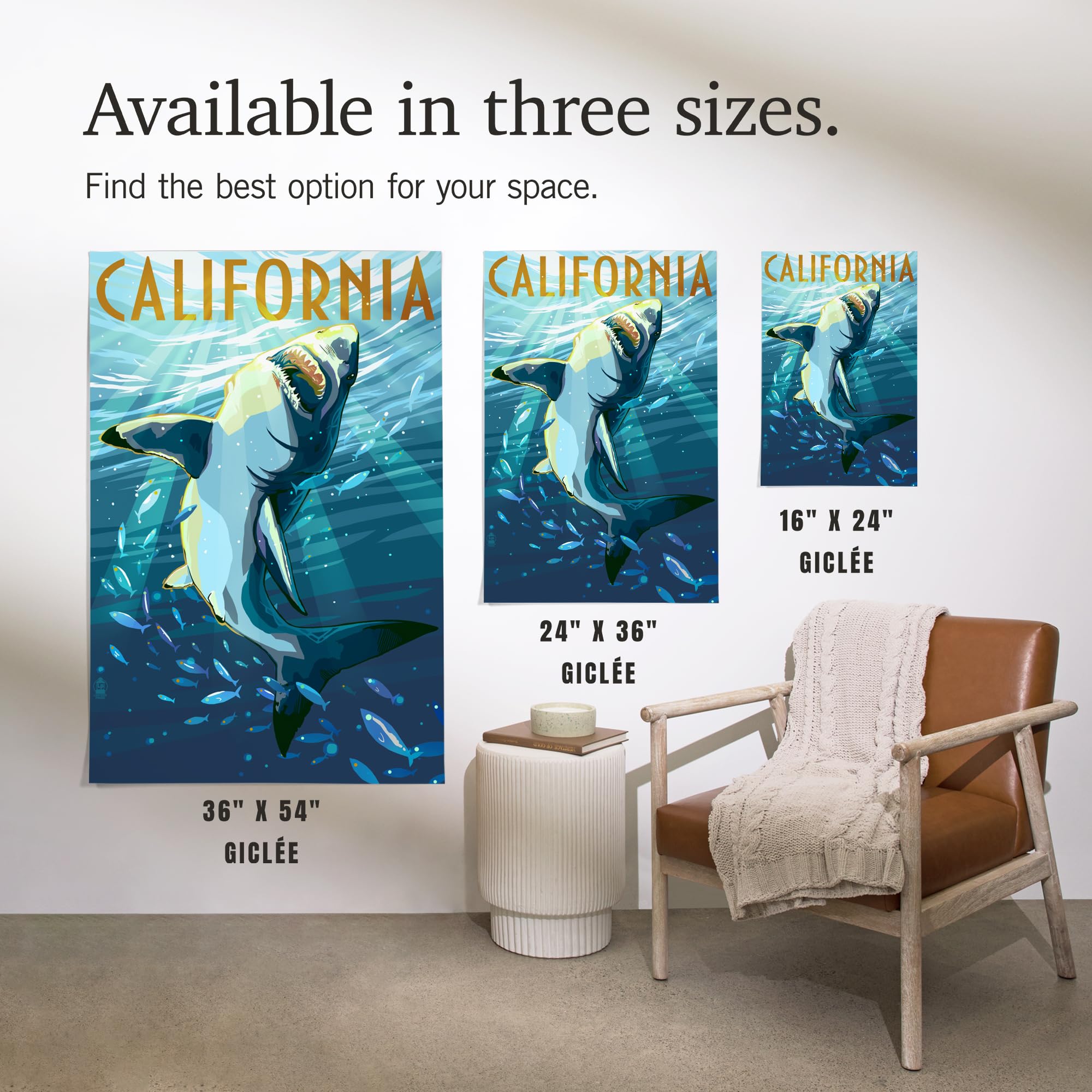 Lantern Press 16x24 Inch Giclee Art Print - California Stylized Sharks Wall Decor - Perfect for Living Room, Bedroom & Office Wall Art