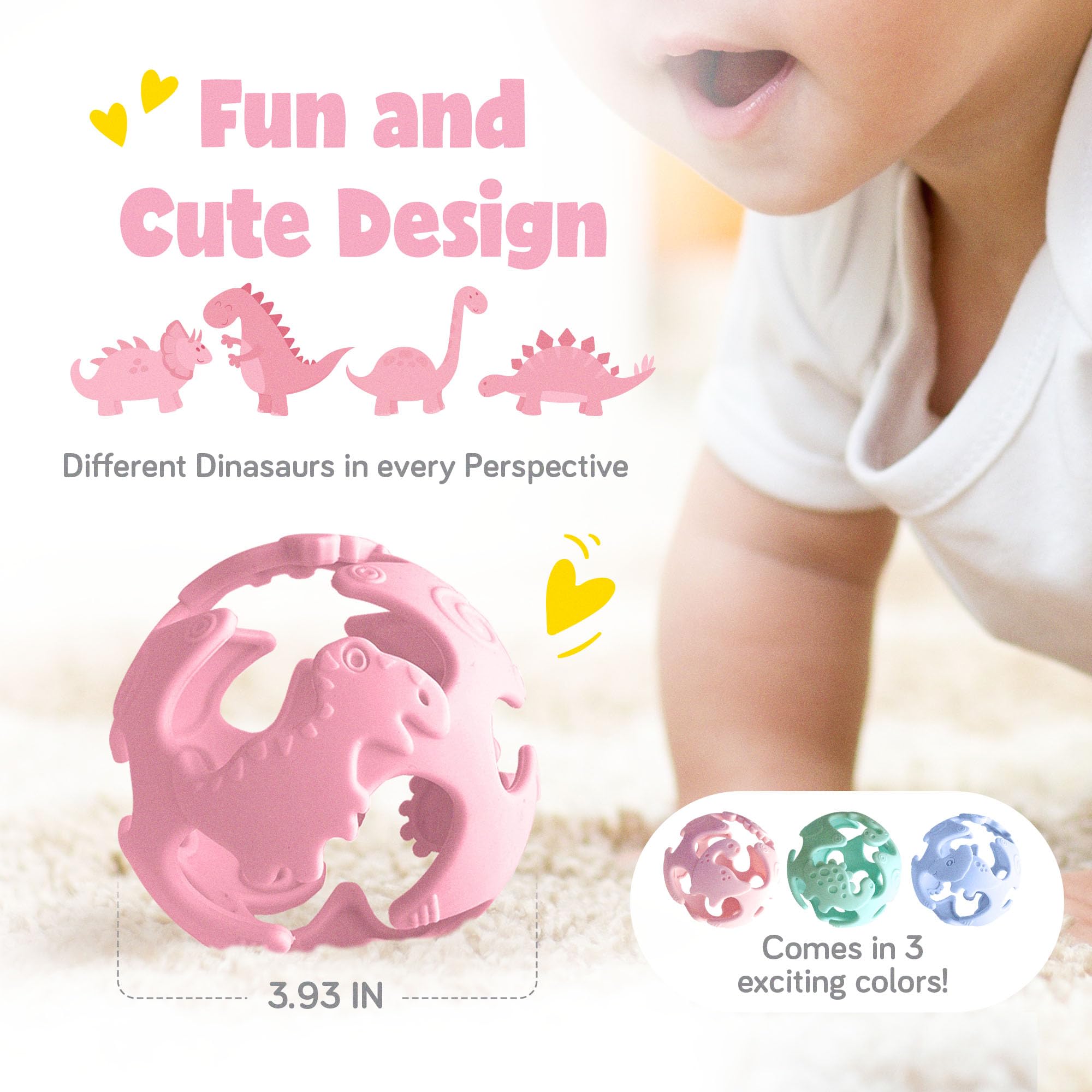Dinosaur Baby Teething Toys - BPA-Free Silicone Sensory Toys for Infants 0-18 Months | Soft, Lightweight & Easy to Clean | Textured Chew Toy for Soothing Sore Gums | Perfect for Home, Daycare & Travel (Peach Pink)