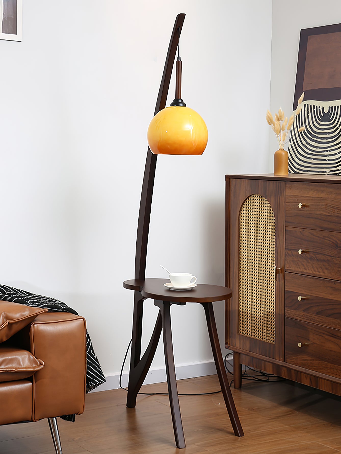 Arc Wood Hanging Floor Lamp - Modern Scandinavian Style Adjustable Standing Light for Living Room, Bedroom & Office - Perfect for Reading Corner, Cozy Nights and Home Decor