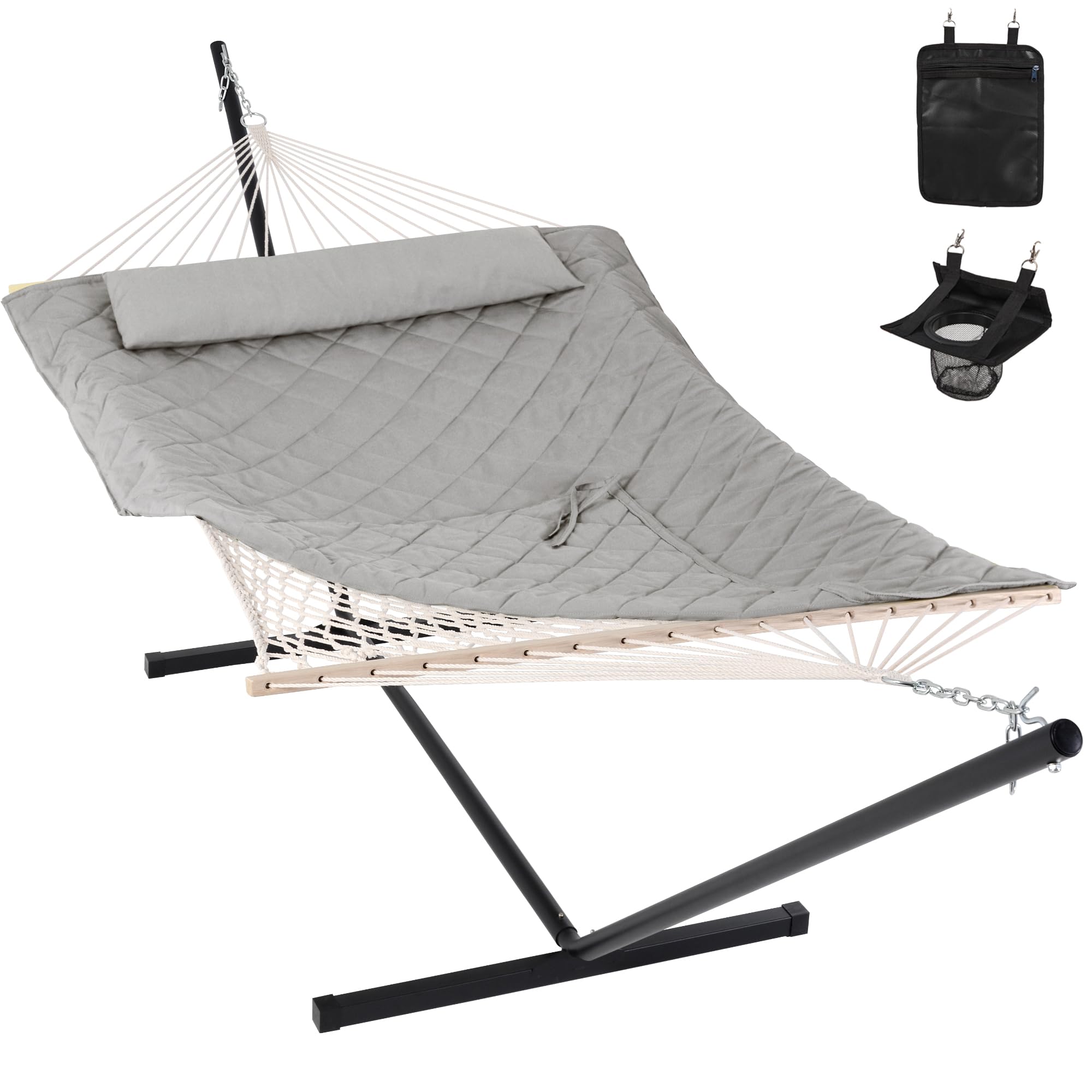 ANOW Double Rope Hammock with Stand 12FT - Heavy Duty Outdoor Hammock with Polyester Pillow & Pad - 450 LBS Weight Capacity - Light Grey - Perfect for Backyard, Patio, Camping & Beach Relaxation