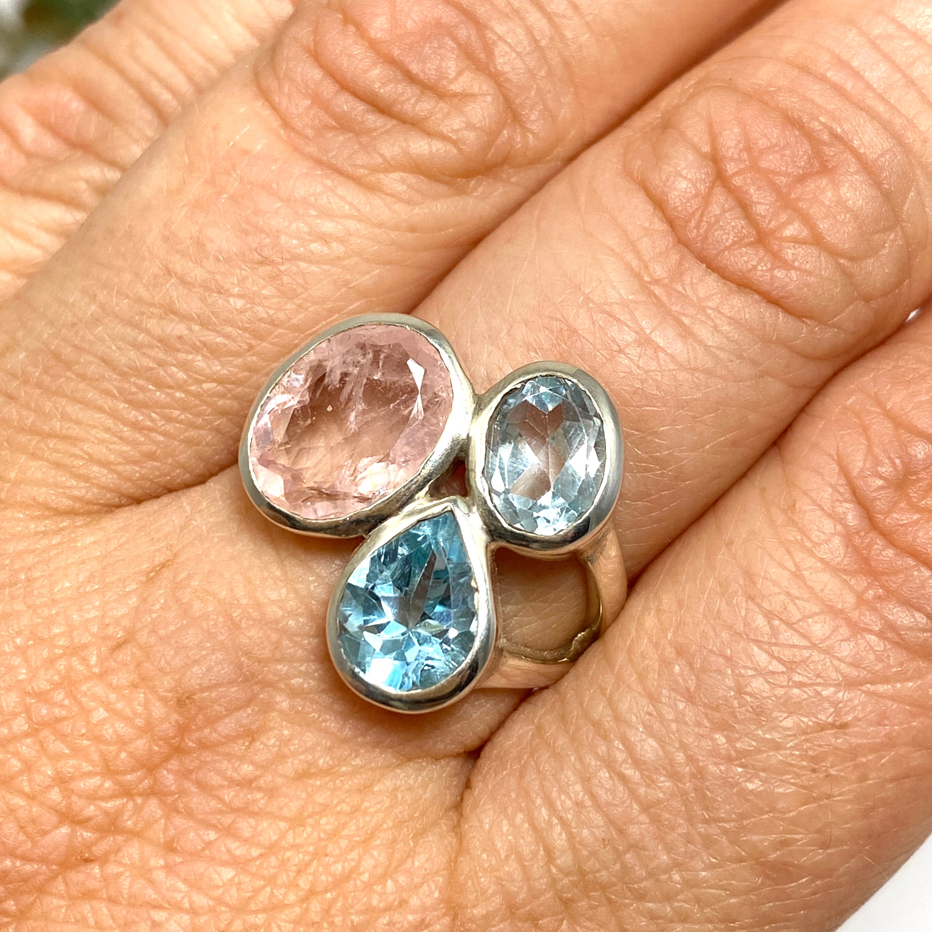Morganite & Blue Topaz Faceted Multi-Stone Ring - Size 7.5 - PRGJ619 - Perfect for Engagement, Anniversary & Special Occasion Gifts