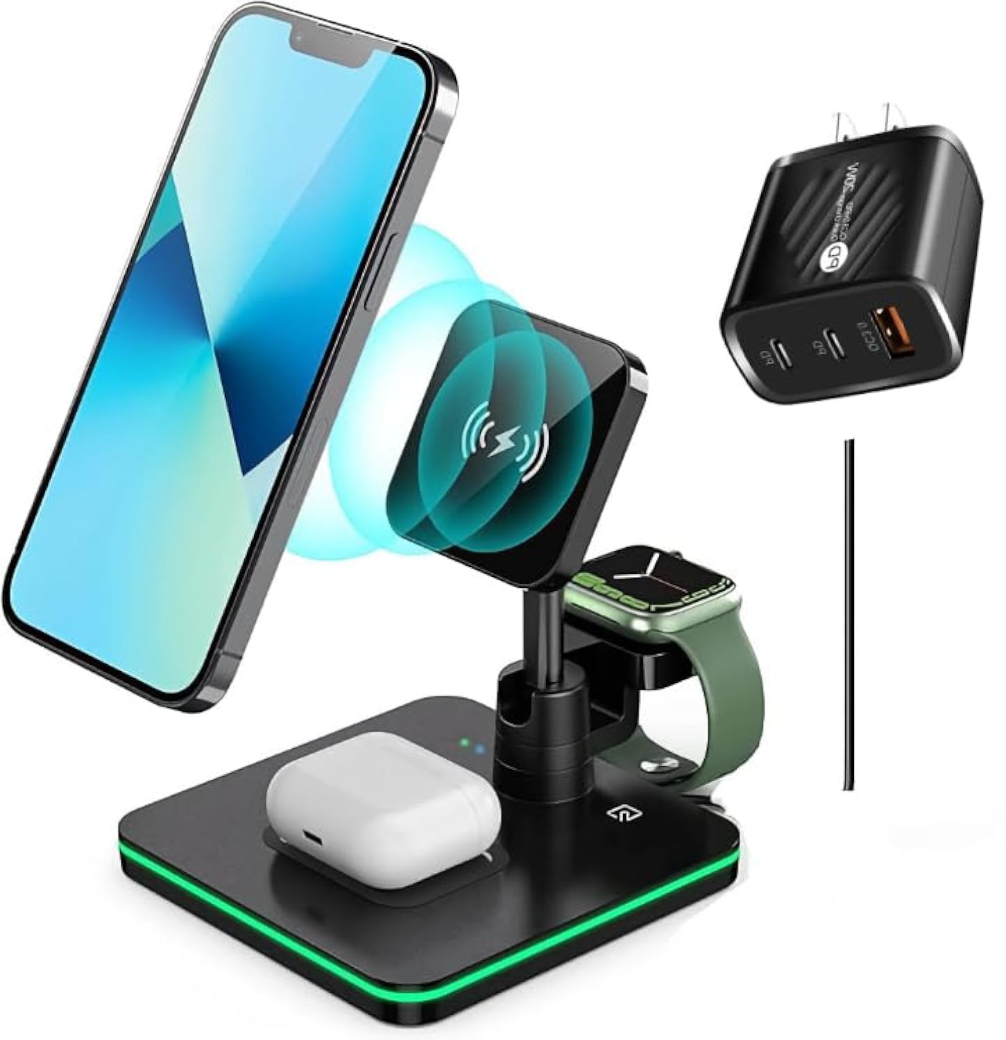 3-in-1 Magnetic Wireless Charger 15W Fast Charging Station for iPhone 16/15/14/13/12/11 Pro Max, Apple Watch Ultra/Series 8/7/6/5/4/3/2/SE & AirPods Pro 3/2 - MagSafe Compatible Charging Pad for Home, Office & Travel