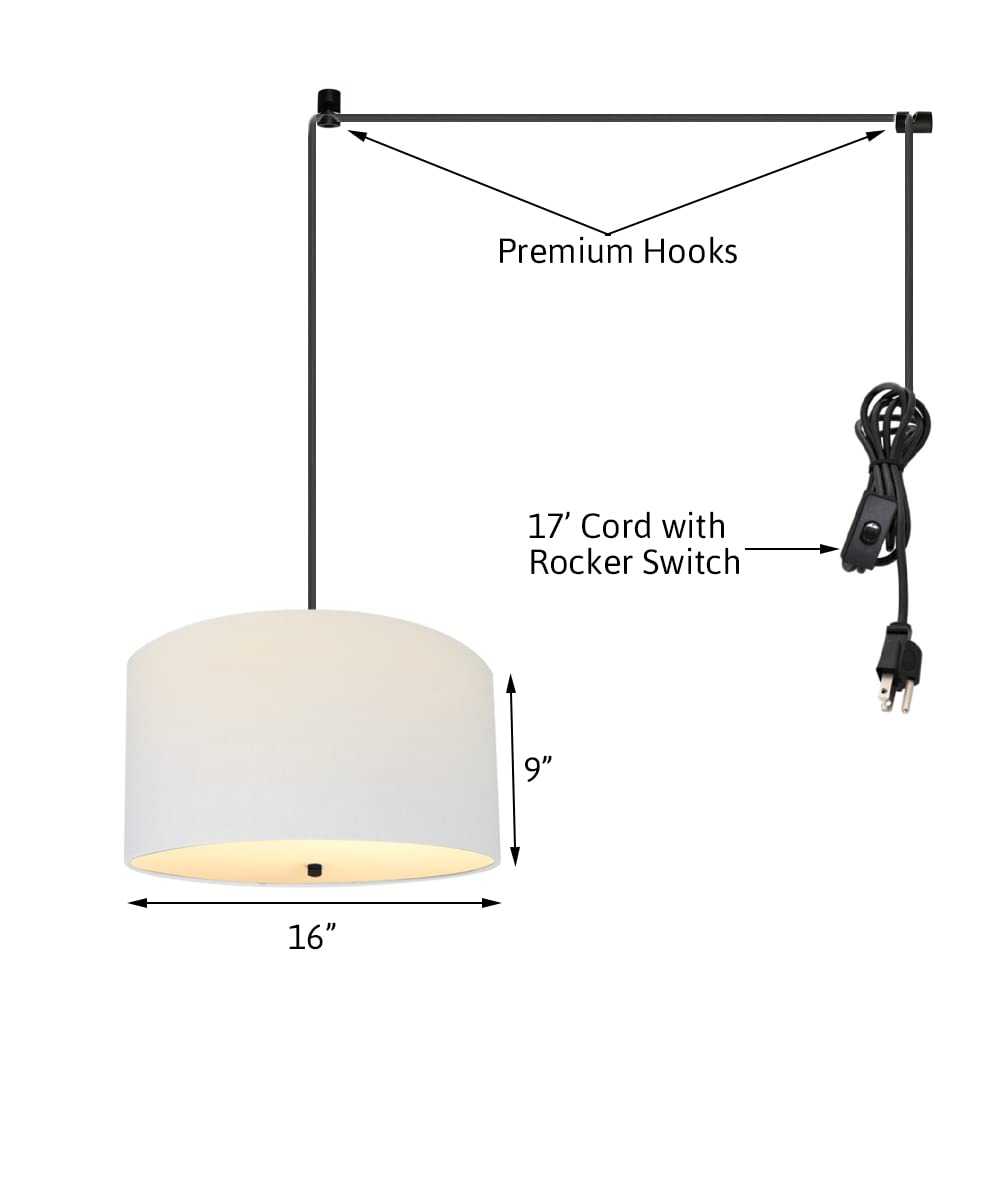HomeConcept 2-Light Plug-in Swag Pendant with White Linen Drum Shade & Diffuser - 16 Inch Black Cord for Kitchen Island, Dining Room, or Bedroom Lighting