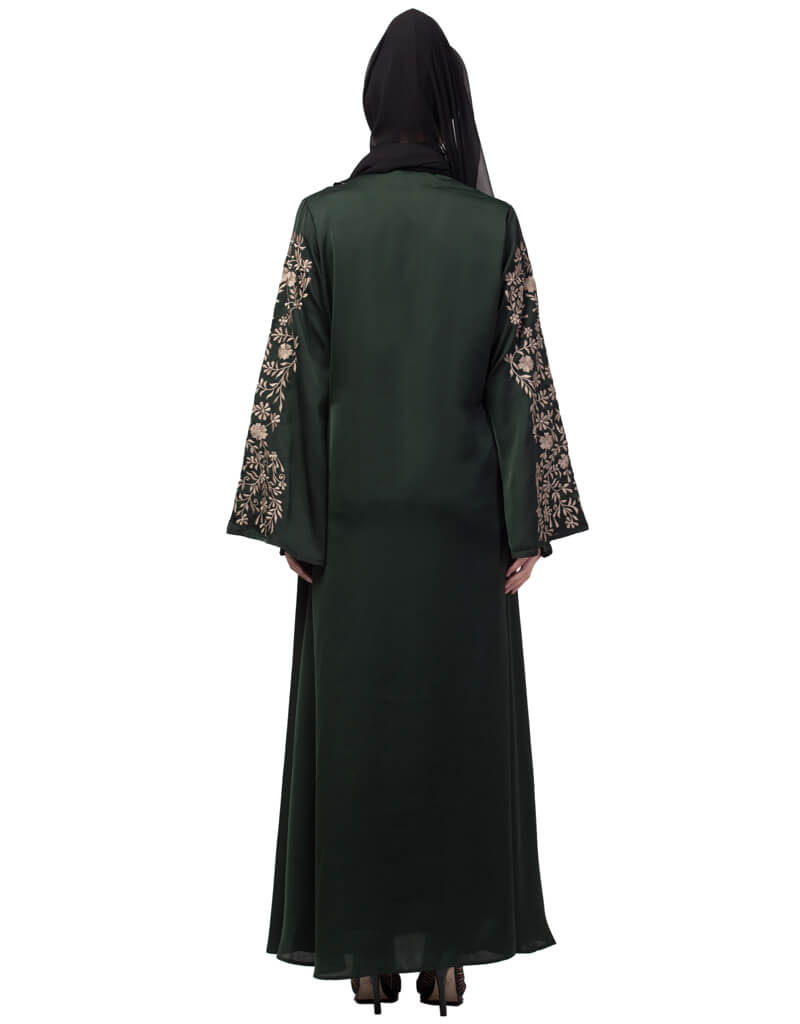 Elegant Arabic Embroidered Abaya Dress with Neck & Sleeve Resham Details - Green A-Line Party Wear for Women | Perfect for Weddings, Eid Celebrations & Special Occasions