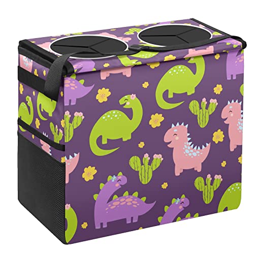 Dinosaur Cartoon Car Trash Can - Medium Size, Leak-Proof & Waterproof with Lid - Multi-Functional Foldable Headrest Trash Bag - Portable with Storage Mesh Bag - Perfect for Road Trips, Travel & Car Organization