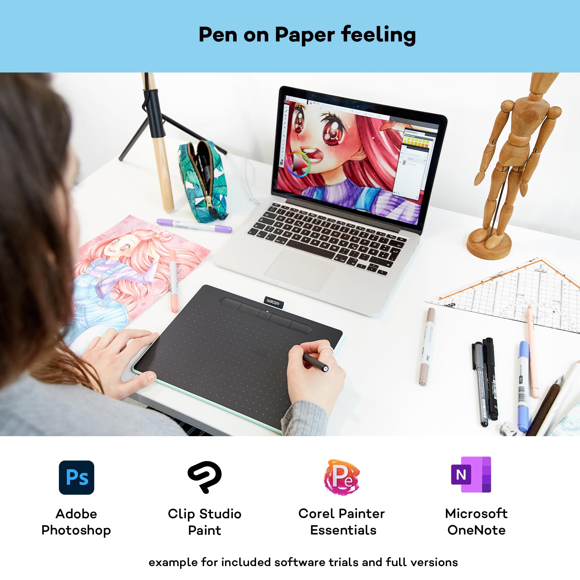 Wacom Intuos M Bluetooth Drawing Tablet - 2540 LPI Resolution, 8.5 x 5.3 Inch Active Area, USB/Bluetooth Connectivity - Black & Green - Perfect for Digital Art, Graphic Design & Online Teaching