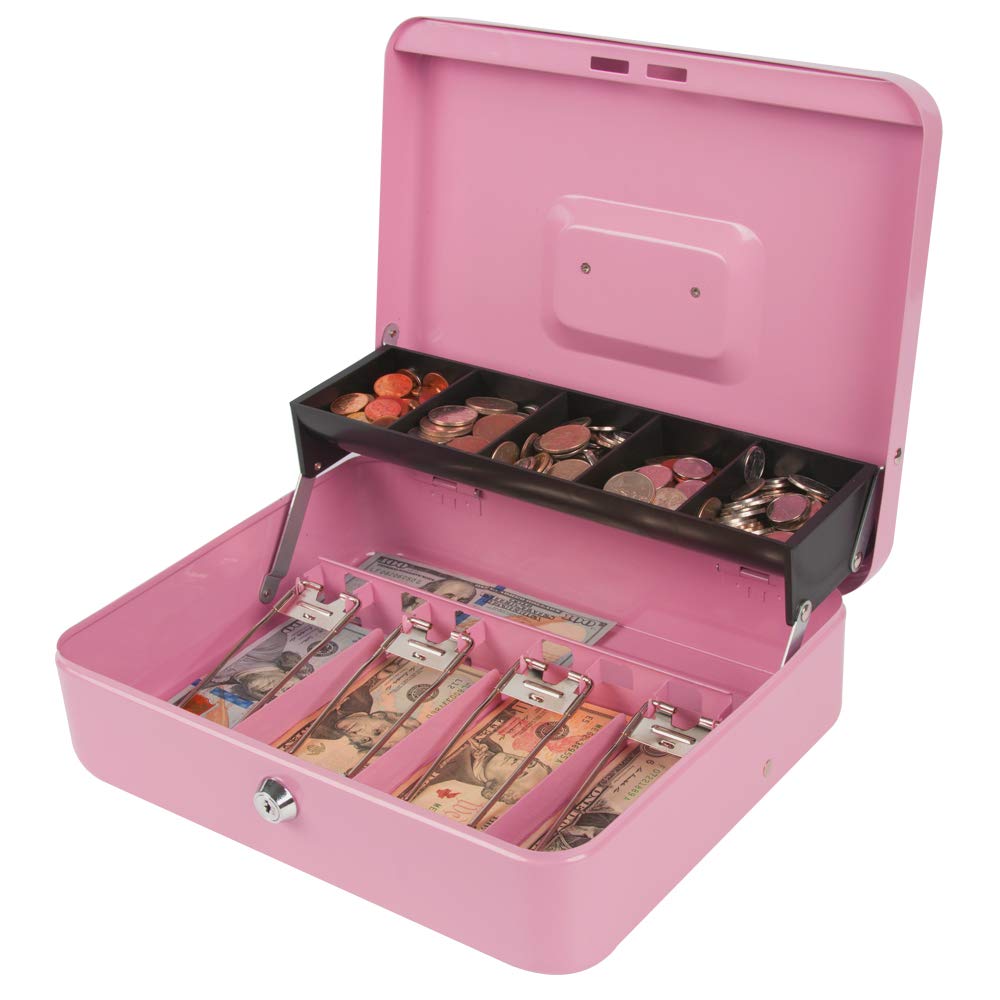 KYODOLED Large Locking Cash Box with Key - 11.81x9.45x3.54 Inch Money Safe Box with Cash Tray & Lock - Pink XL Money Organizer for Home, Office, Retail Store Cash Management