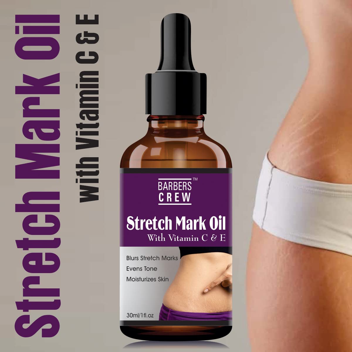 Barbers Crew Natural Stretch Oil - 7 in 1 Bio Elasticity Belly Oil (30ml) | Clinically Proven, Toxin-Free & Mineral-Oil-Free Formula for Pregnancy & Postpartum Care | Perfect for Massage, Skin Hydration & Stretch Mark Prevention
