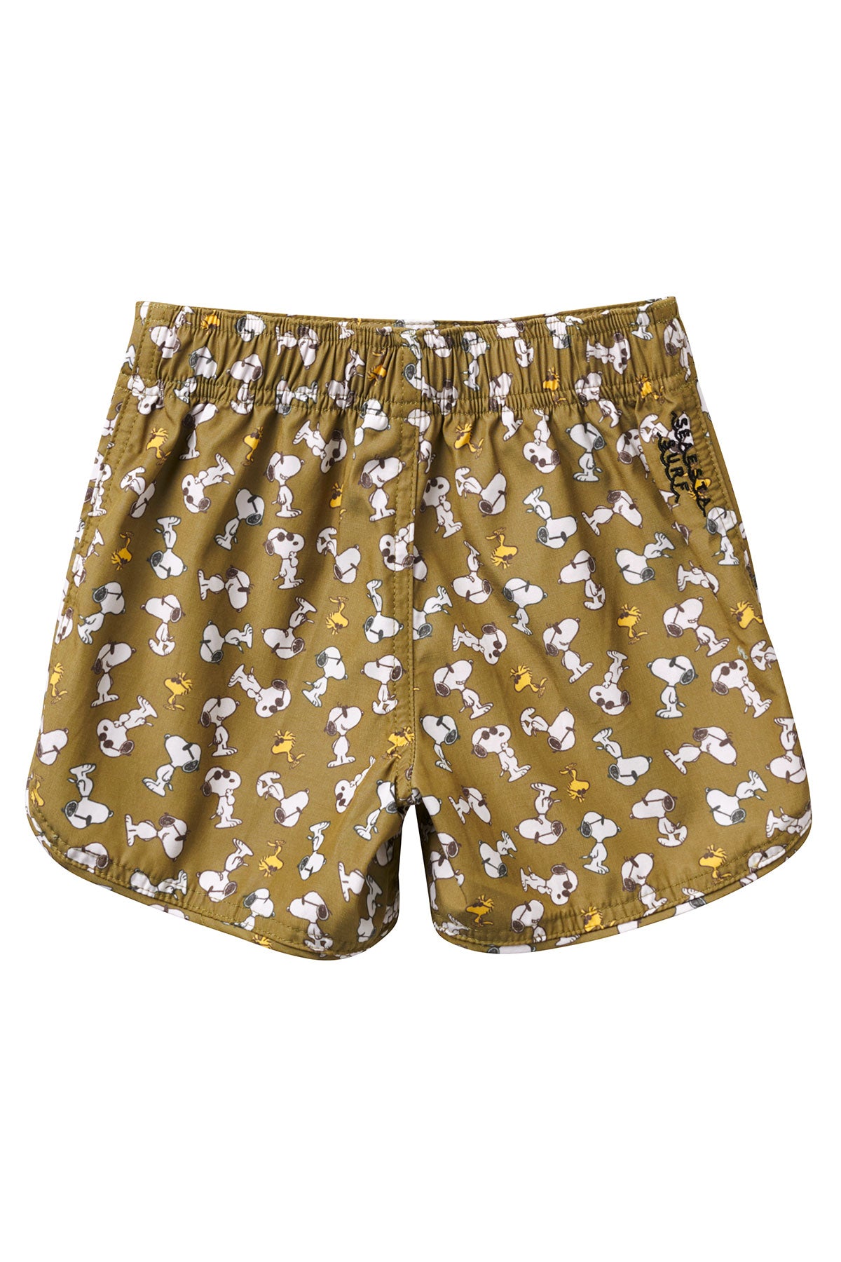 Seaesta Surf x Peanuts® Joe Cool Men's Swim Trunks - Quick Dry Olive Green Boardshorts for Surfing, Beach & Pool Party | Snoopy Cartoon Character Design