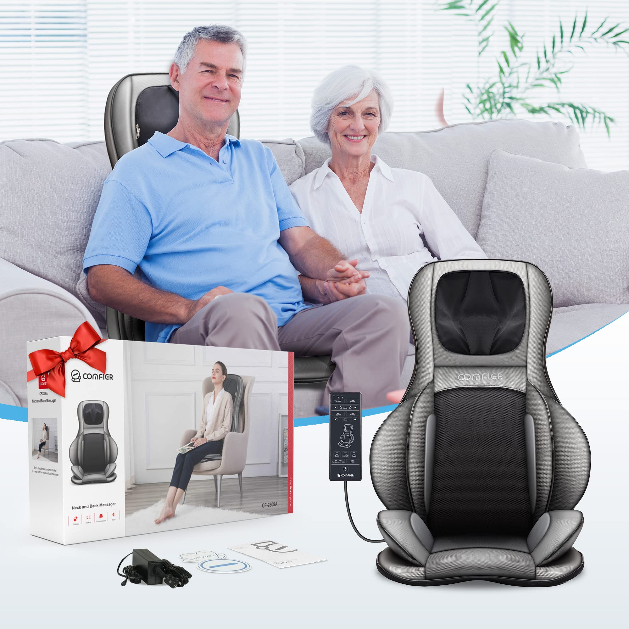 COMFIER Shiatsu Neck & Back Massager with Heat - 2D/3D Kneading Massage Chair Pad, Adjustable Massage for Neck & Full Body Relaxation - Perfect Christmas Gift for Men, Women, Dad & Mom (Dark Gray) - Ideal for Home, Office & Car Use to Relieve Stress & Muscle Pain