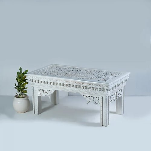 Hand Carved White Console Table - Solid Wood Entryway Table for Hallway, Living Room & Foyer Decor | Farmhouse Style Sofa Table with Storage Shelf