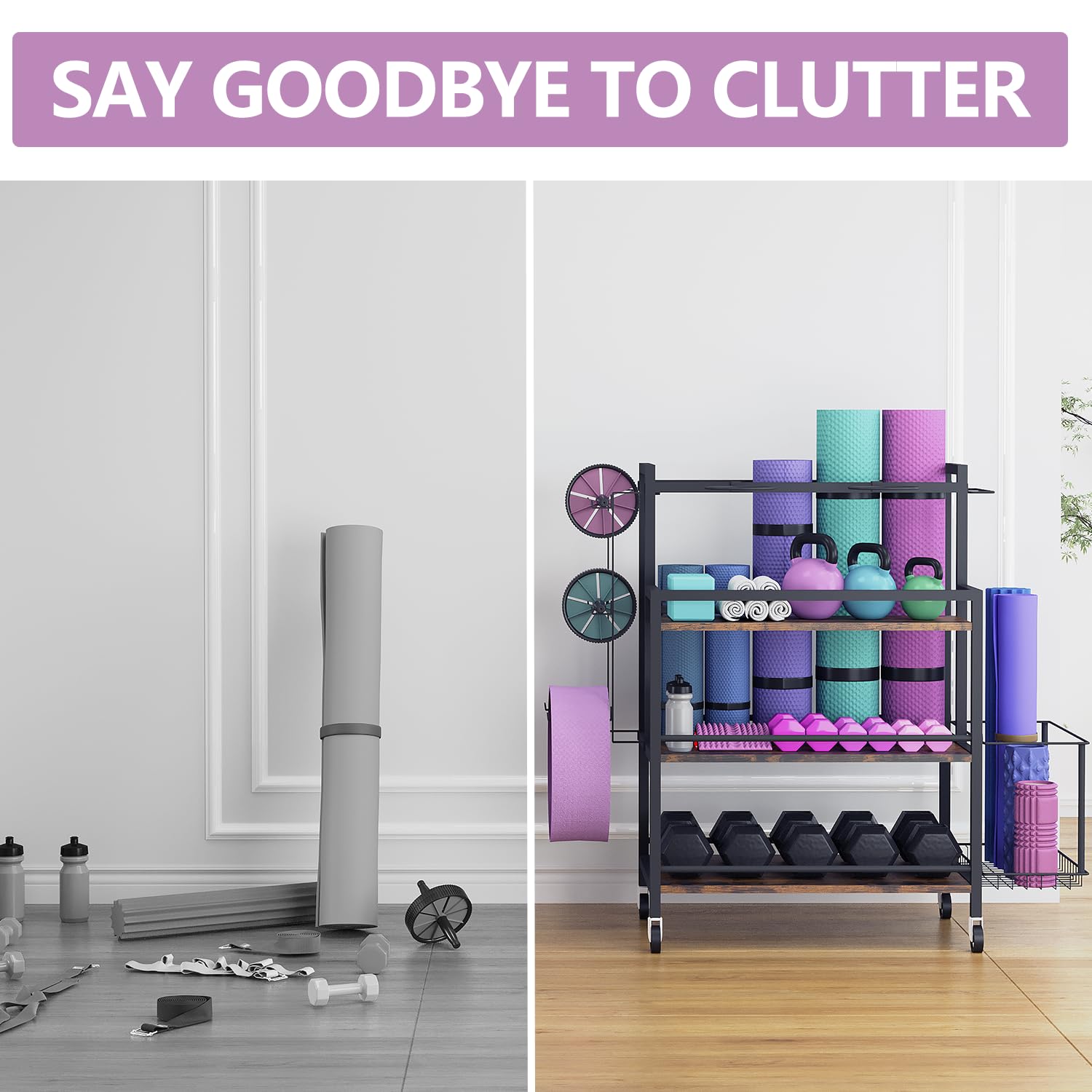 **EasyCom Heavy-Duty Home Gym Storage Rack – Large Capacity Organizer for Dumbbells, Kettlebells, Foam Rollers, Yoga Mats & Resistance Bands – Workout Equipment Storage with Hooks & Wheels – Perfect for Garage, Basement & Home Gym Organization**