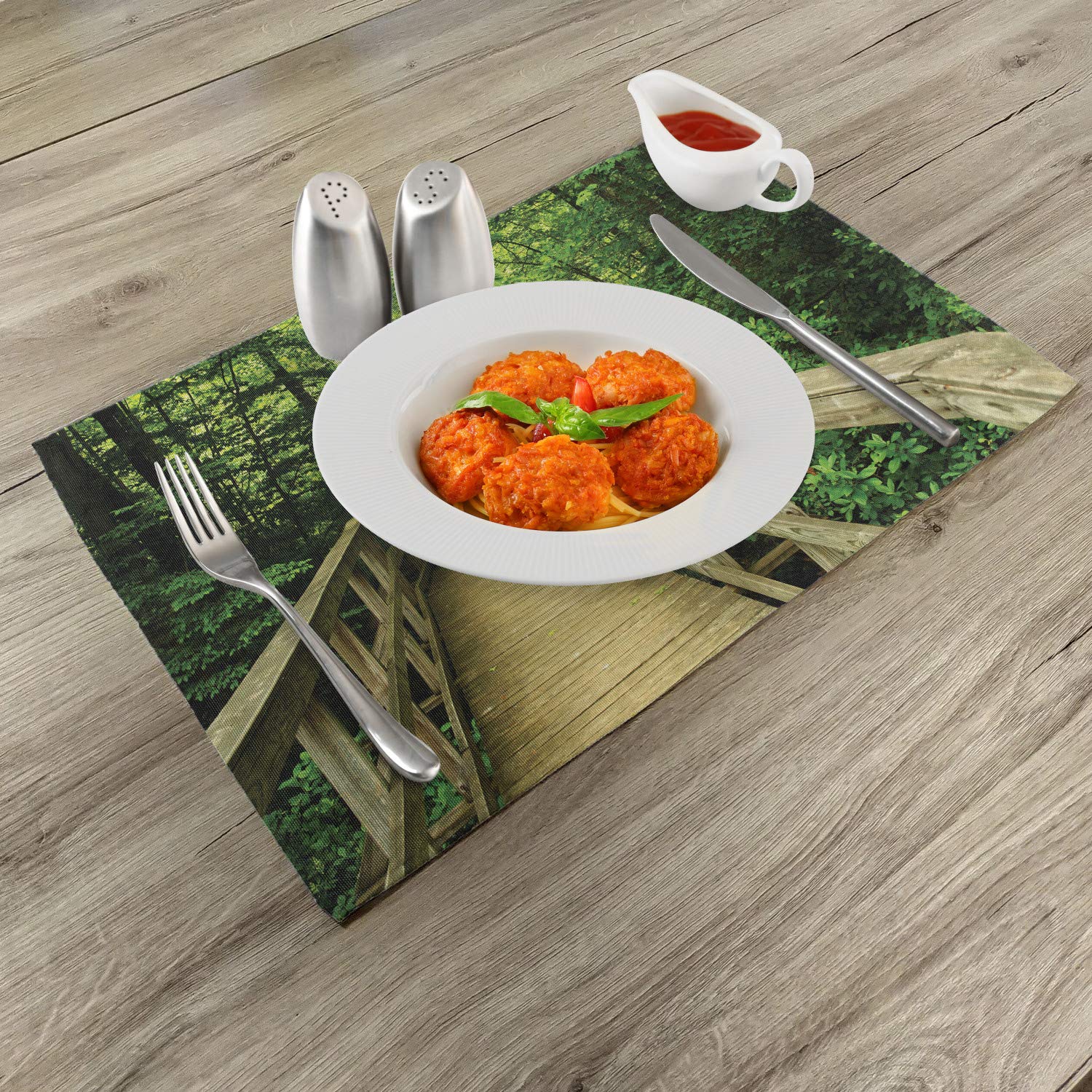 Ambesonne 4-Pack Nature-Themed Placemats - Park Scenery Summer Landscape Eco-Friendly Washable Fabric Table Mats for Dining Room & Kitchen Decor (Khaki Green) | Perfect for Outdoor Picnics, Dinner Parties, and Home Decoration