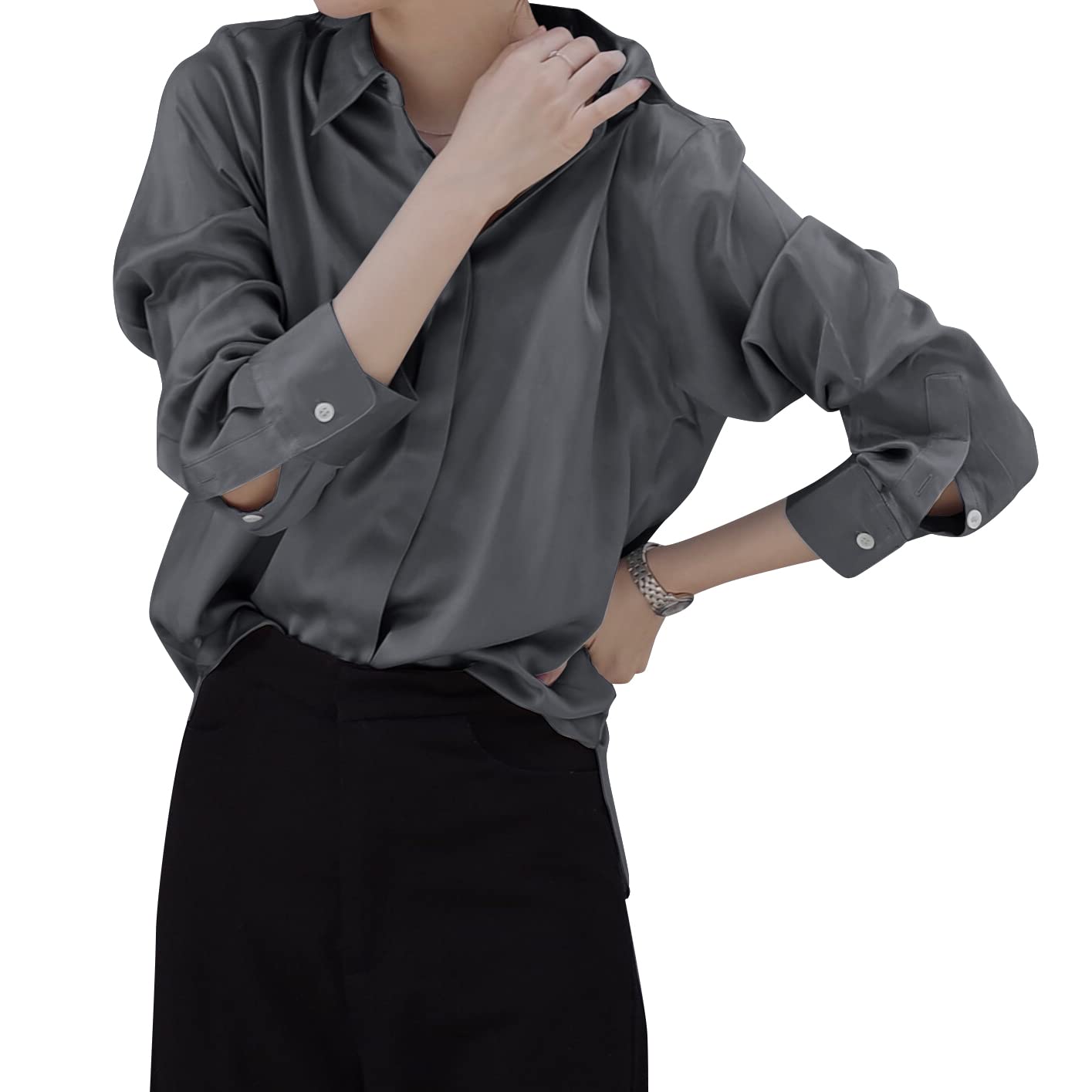 Solomate Women's 100% Pure Silk Woven Long Sleeve Blouse Shirt - Elegant Office Wear & Evening Outfit for Business Casual & Special Occasions