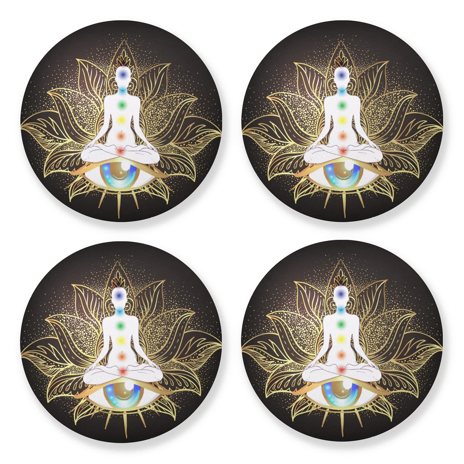 Poeticcity White Buddha Gold Lotus Flower Stars Golden Eye on Black 4-Piece Wooden Mug Coaster Set - Oversized Stone Coasters with Cork Base for Coffee, Tea, and Drinkware - Perfect Housewarming Gift for Home, Office, and Meditation Spaces