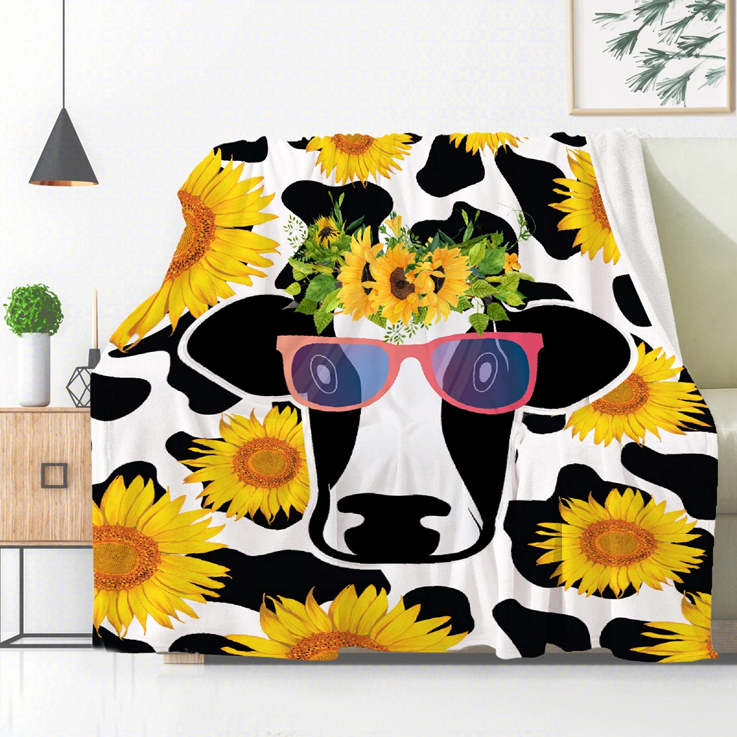 Sunflower Cow Print Plush Throw Blanket - Ultra Soft Lightweight Flannel Fleece Blanket for Baby Girls & Boys, Gifts - 120