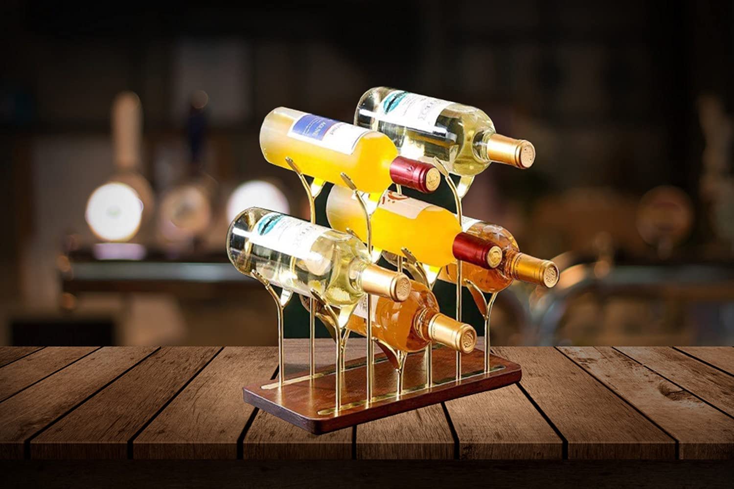 Wooden Countertop Bottle Rack - Holds 6 Wine Bottles - Gold Metal & Wood Tabletop Holder for Kitchen, Bar, Cellar Storage - Perfect for Home Decor, Cabinet & Pantry Organization - Ideal for Wine Lovers & Entertaining Guests