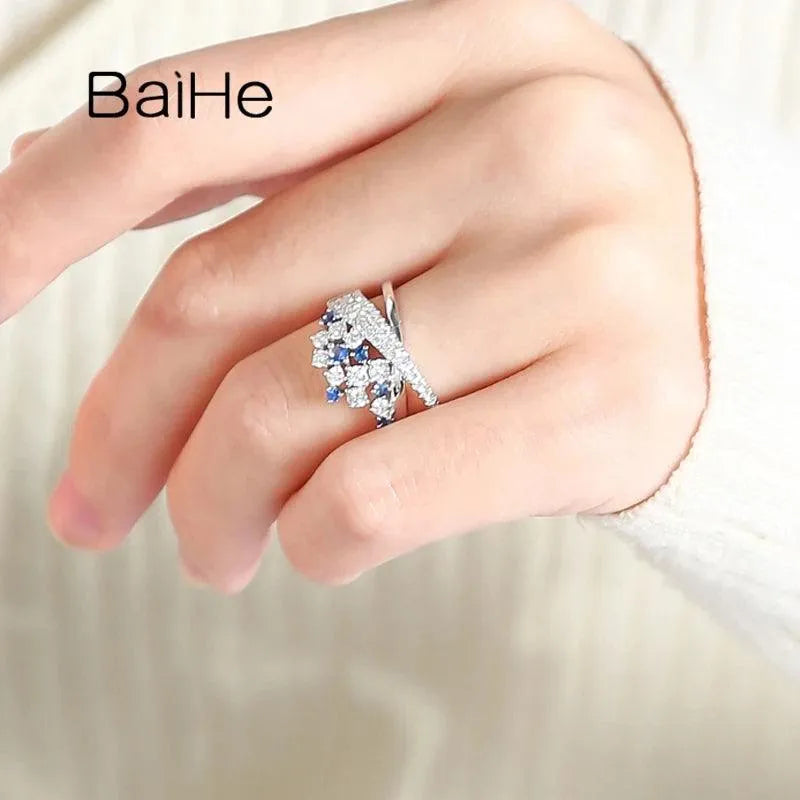 14K White Gold Natural Sapphire & Diamond Crown Ring for Women - Elegant Wedding & Engagement Gift - Fine Jewelry - Perfect for Bridal, Anniversary & Special Occasions