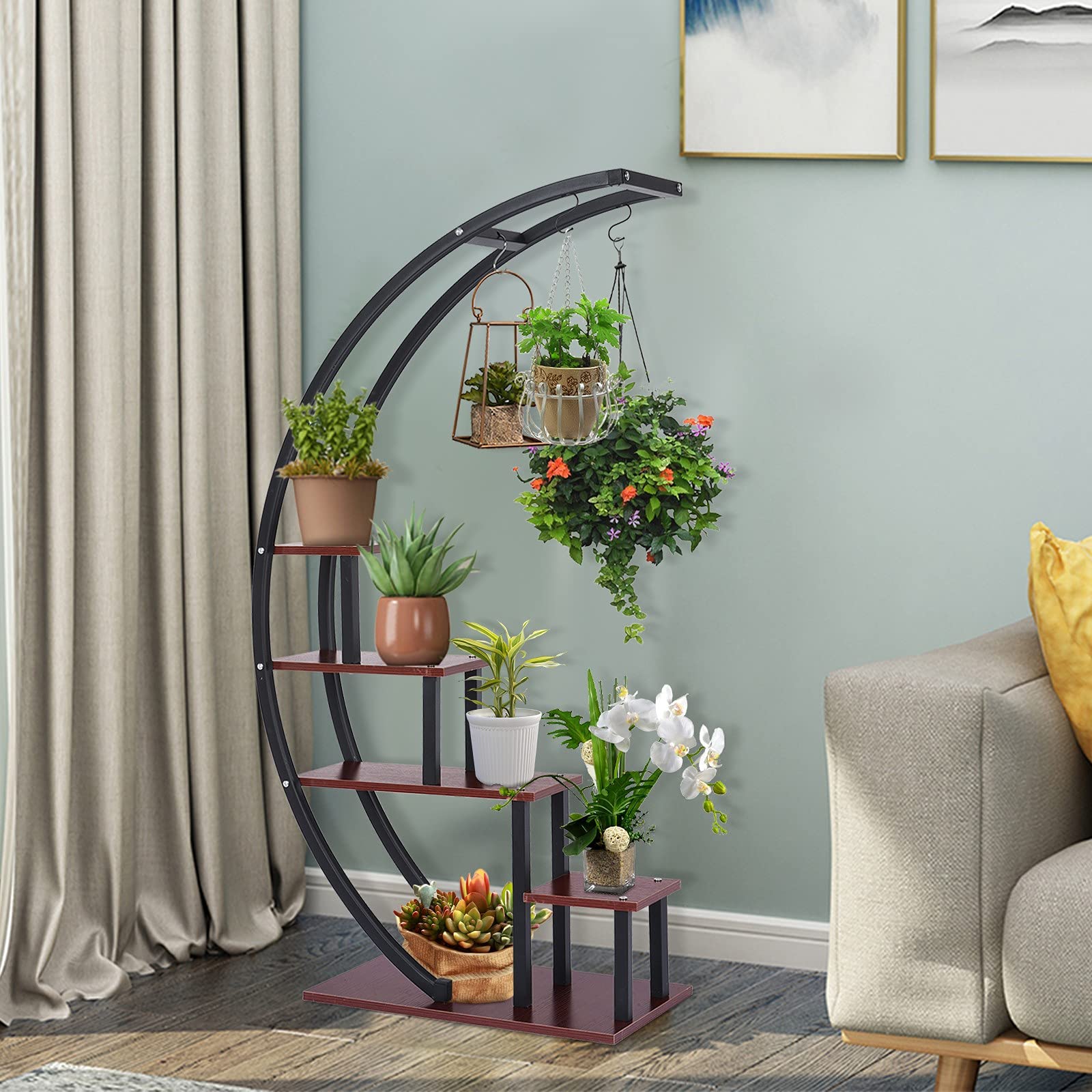 Wailiy 5-Tier Plant Stand - Modern Bonsai & Flower Pot Holder with 6 Hooks - Curved Display Shelf for Indoor Plants, Succulents & Home Decor - Perfect for Living Room, Balcony & Garden Decor