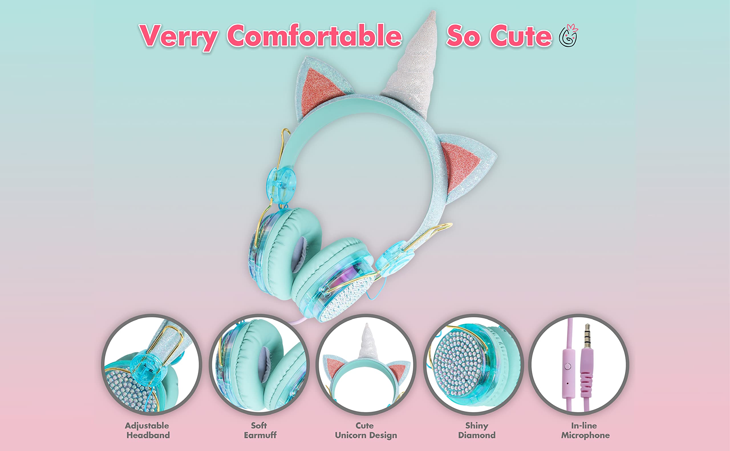 KOSMIKO Unicorn Headphones for Kids - Wired Over-Ear Headphones with Microphone & 3.5mm Jack - Cute Glittery Unicorn Design for Girls - Perfect for School, Home, Birthday Gifts & Online Learning