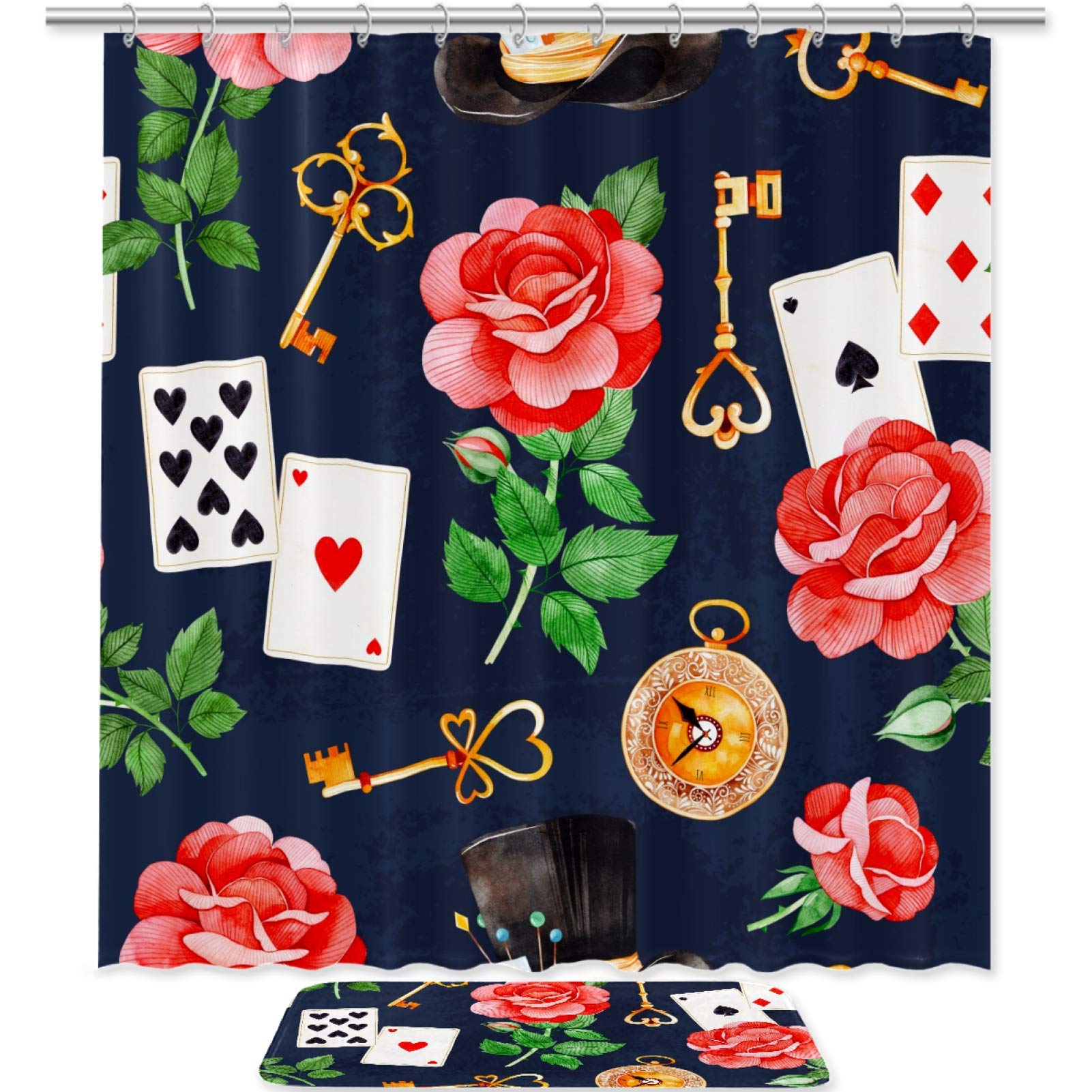 imobaby Waterproof Shower Curtain Set - Red Roses with Golden Keys & Playing Cards Design, Includes Non-Slip Bath Mat & Doormat | Elegant Bathroom Decor for Home, Hotel, Apartment