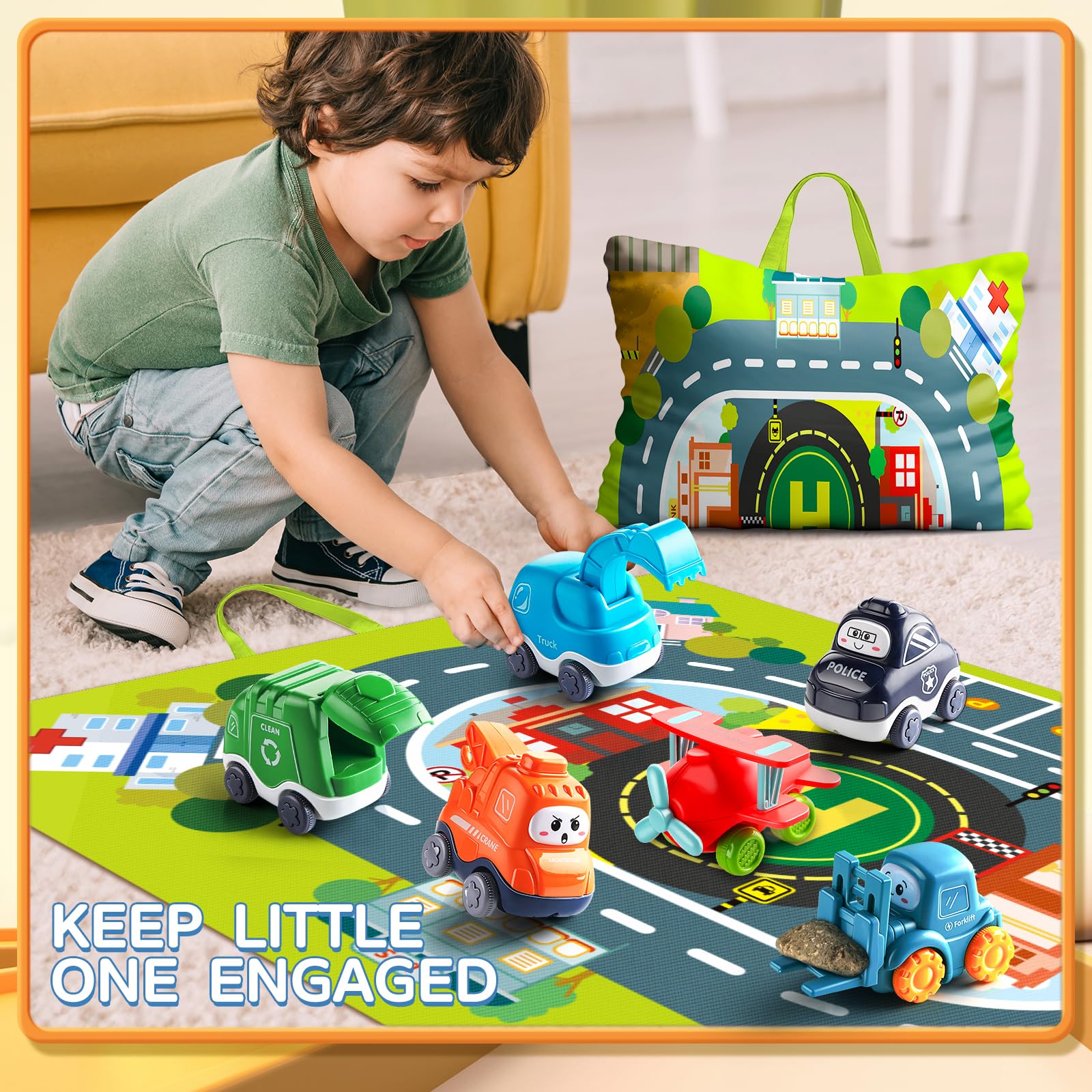 **Big Cartoon Truck Car Toys for 1 Year Old Boys – Durable Playmat & Storage Bag Included | Best Baby & Toddler Toys for 12-18 Months & Age 1-2 | 1st Birthday Gift & Easter Basket Stuffers for Toddlers – Perfect for Indoor Play, Learning & Travel**