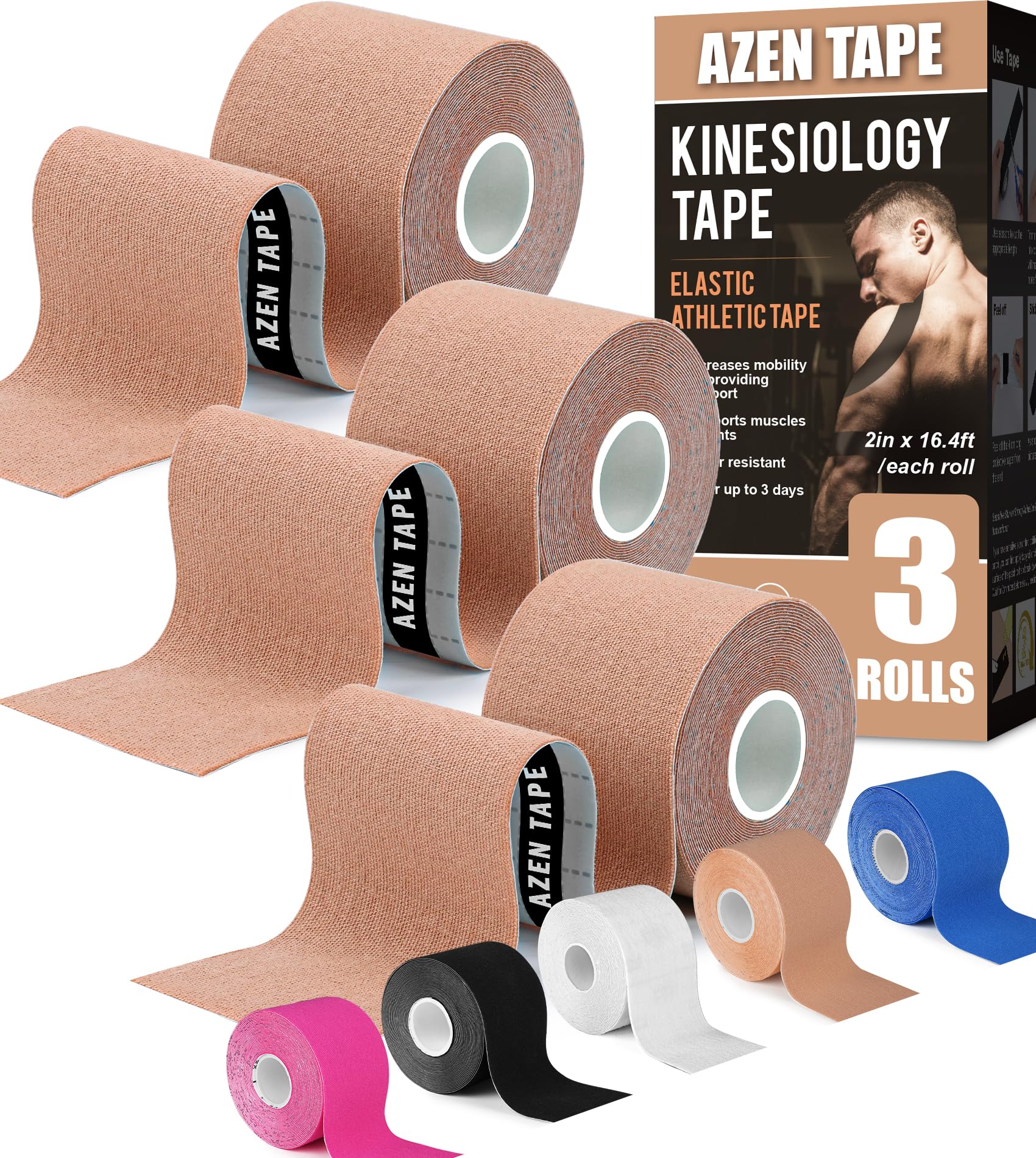 AZEN 3 Rolls Kinesiology Tape - 16.4 ft Waterproof Athletic Tape for Knee & Joint Support, Muscle Pain Relief - Uncut Elastic Sports Tape for Athletes, Runners, Gym Workouts & Physical Therapy