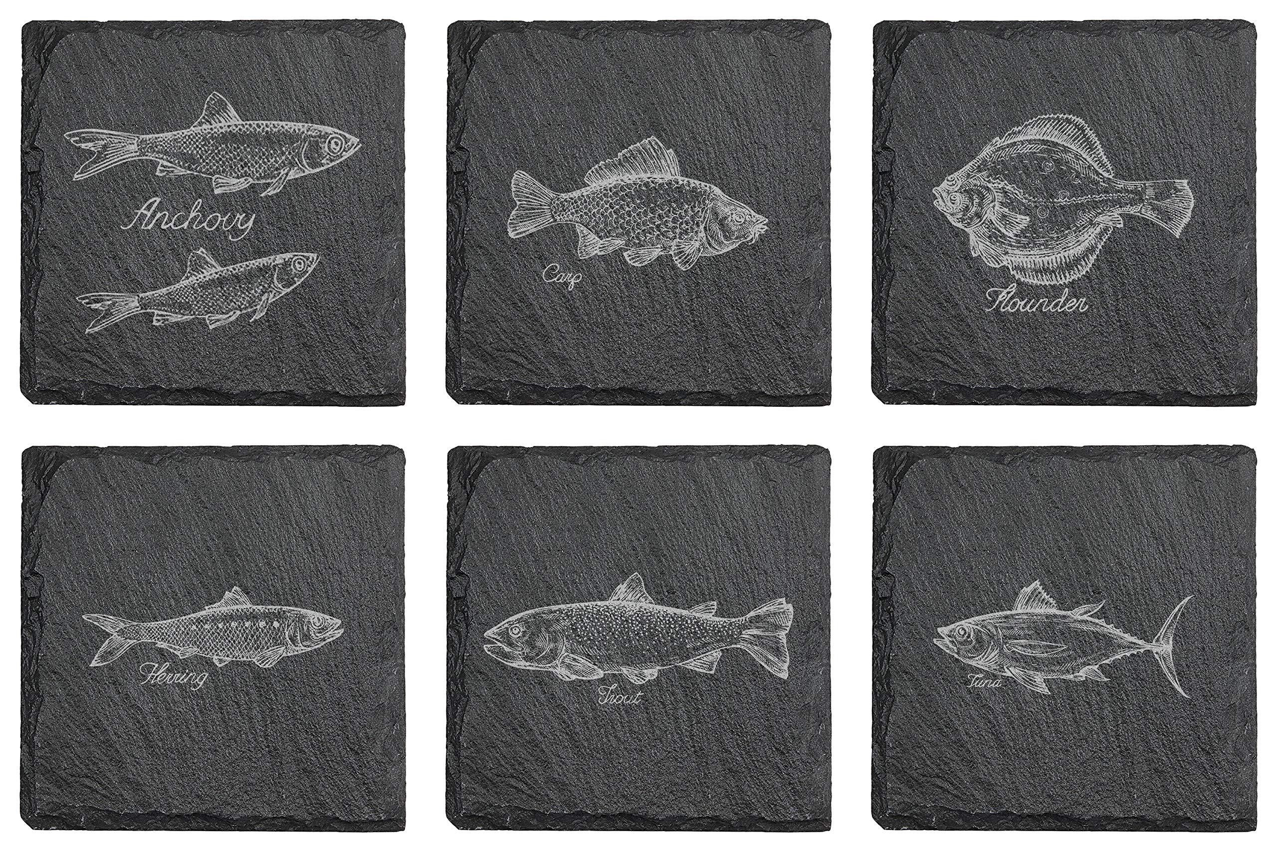 Premium Square Slate Fishing Coasters - Set of 6 for Beer Mugs & Drink Glasses - Perfect for Angler's Home Bar, Man Cave, or Fishing Lodge Decor
