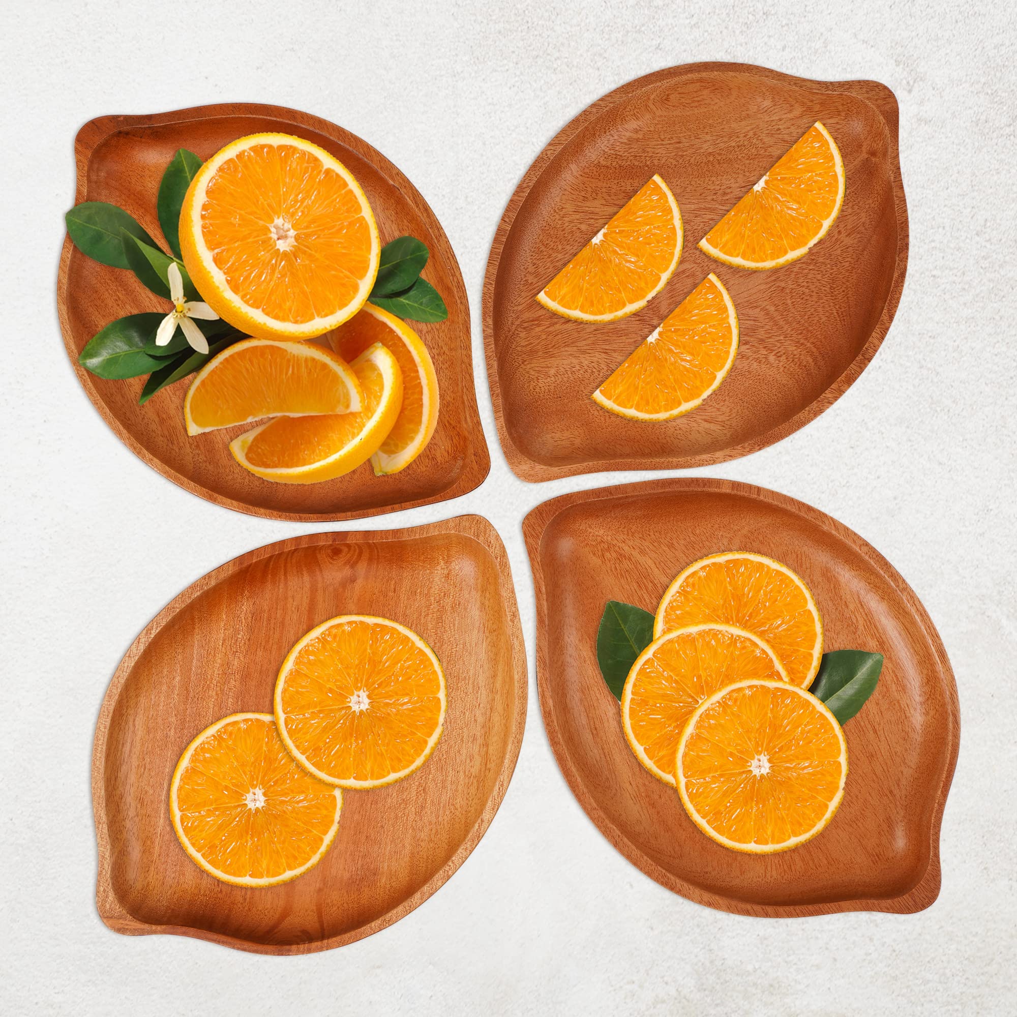 Premium Unbreakable Leaf-Shaped Wooden Plates Set of 4 - Khaya Wood Appetizer & Dessert Plates (9.4