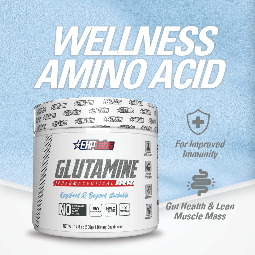 EHP Labs Glutamine Powder 500g - Unflavored Amino Acid Supplement for Muscle Recovery & Immune Support - 100 Servings for Athletes, Bodybuilders & Fitness Enthusiasts
