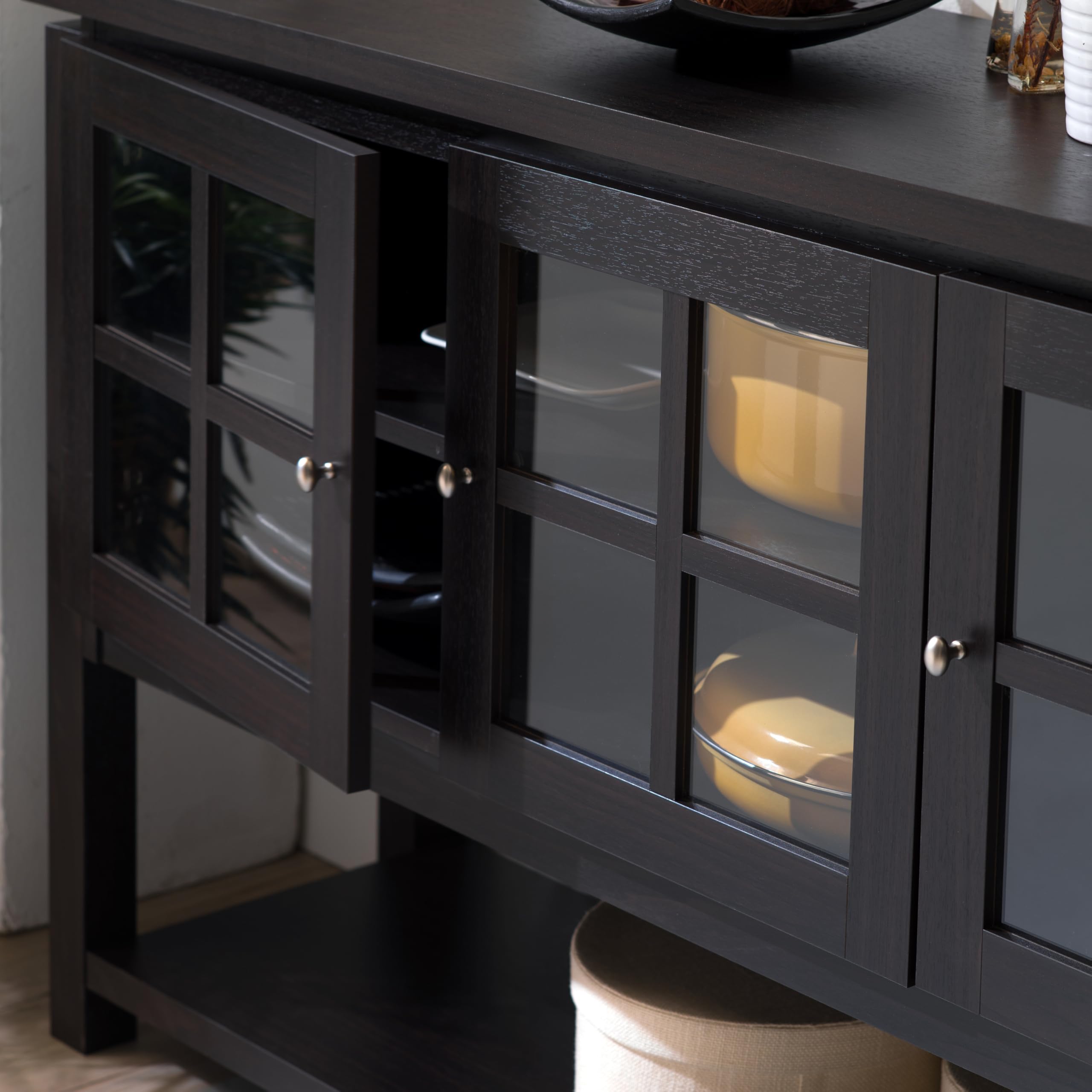 Furniture of America Julianna Farmhouse Sideboard Buffet Cabinet with Storage & Glass Doors - Solid Wood Kitchen Coffee Bar Console Table for Entryway, Dining Room, Living Room - Walnut Finish for Rustic Home Decor & Entertaining